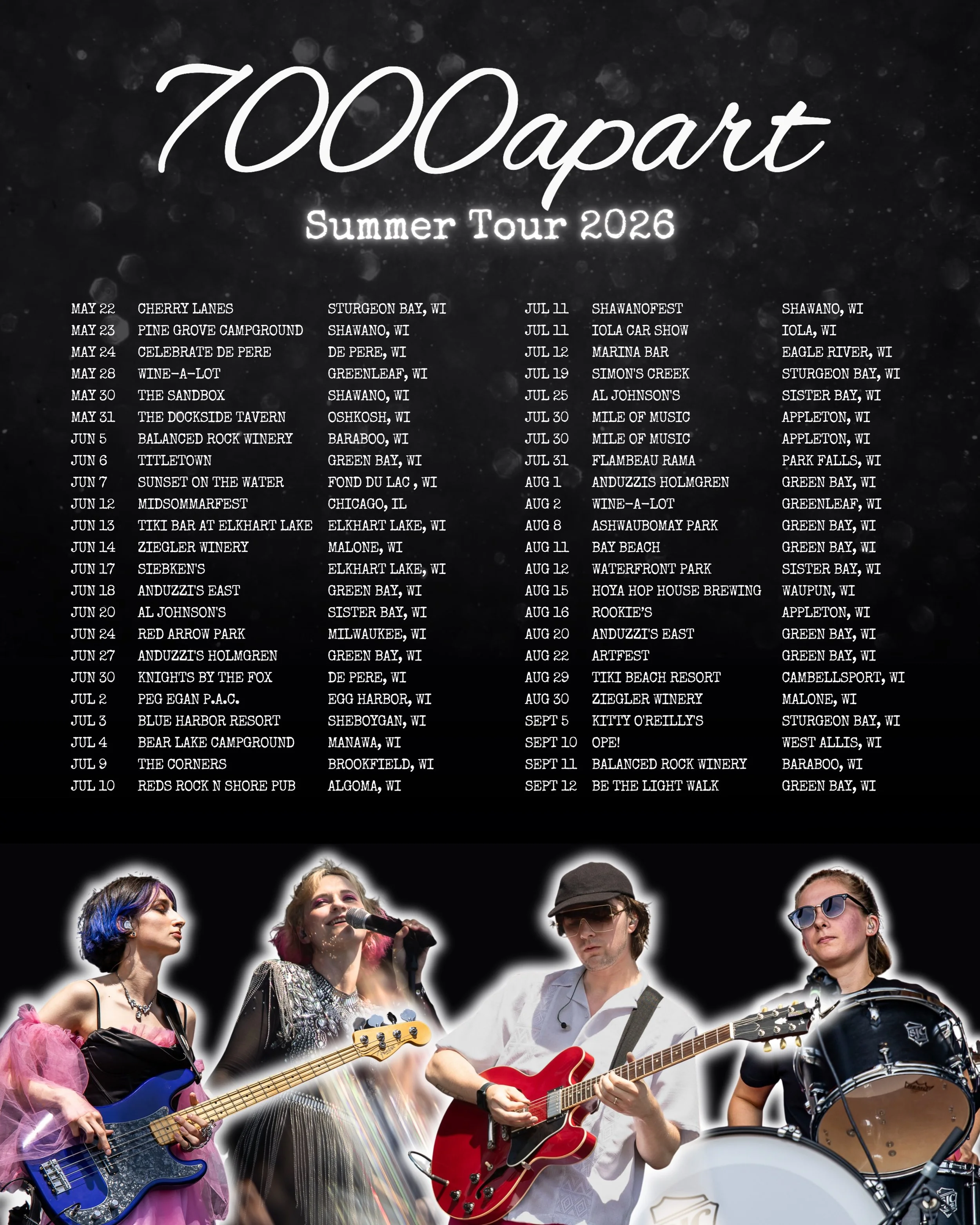 🪩 7000apart Summer Tour 2026! 🪩

Wisconsin, we&rsquo;re back &amp; ready to play for you ALL SUMMER LONG! 
All updated info on our website &amp; more shows will be added! 🩷