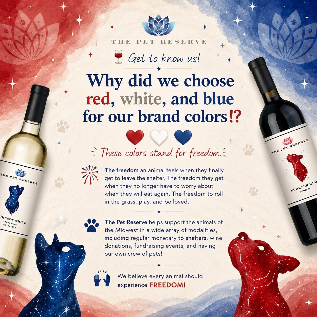 Get to know us! 🍷

Why did we choose red, white, and blue for our brand colors⁉️

❤️💙🤍 These colors stand for freedom.

🎆 The freedom an animal feels when they finally get to leave the shelter. The freedom they get when they no longer have to wor