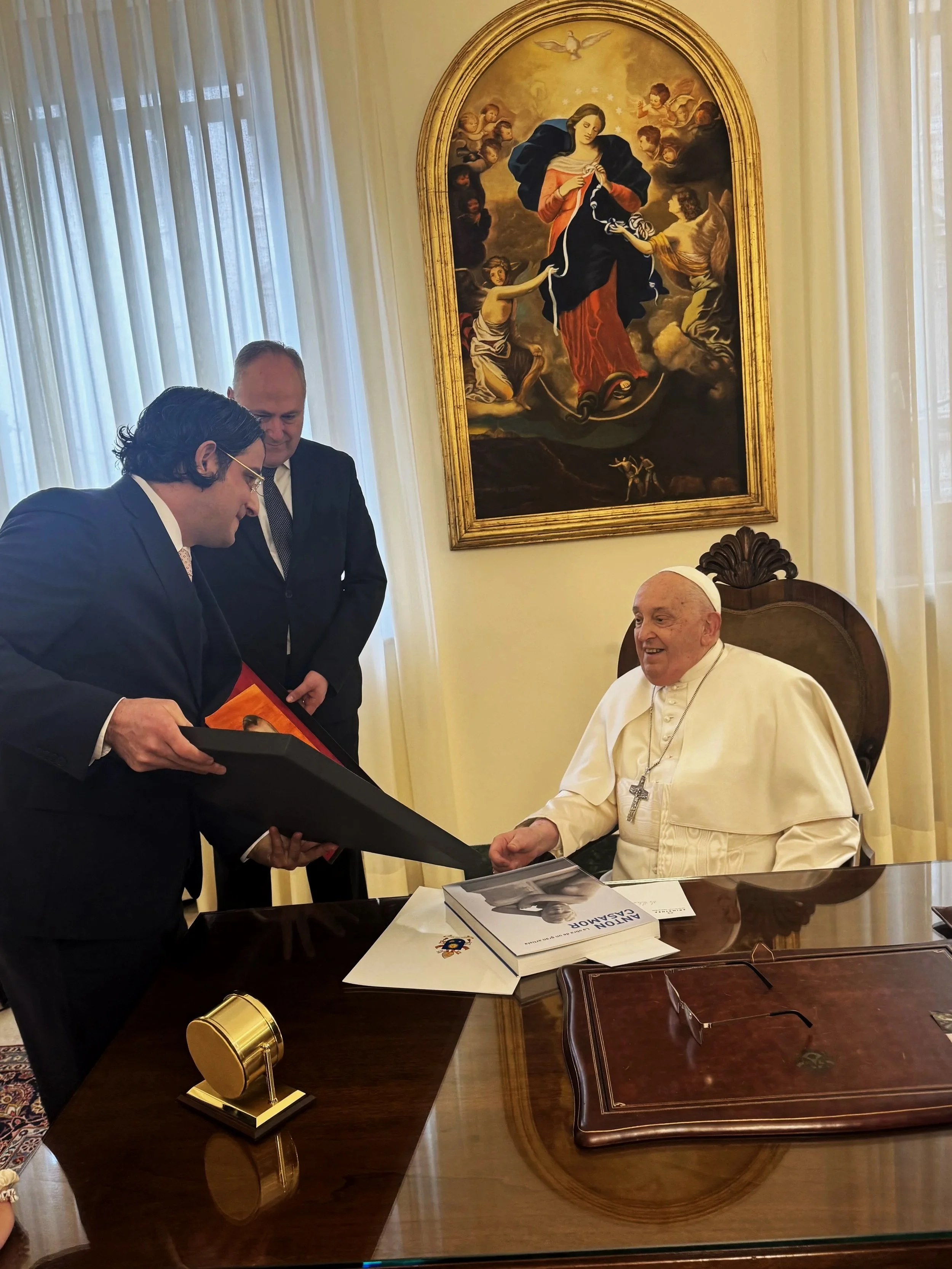 Presenting His Holiness Pope Francis painting of Mary, Queen of Palestine, February 14, 2025