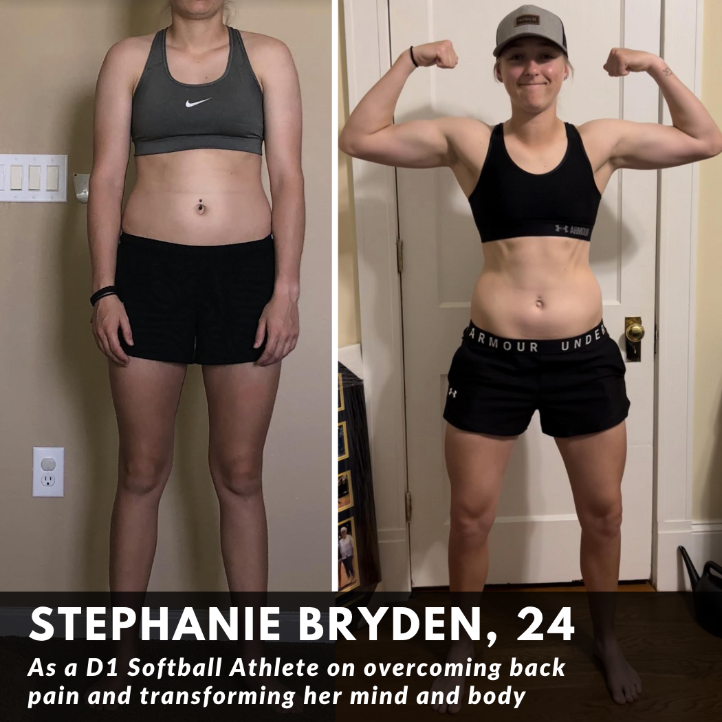 Side-by-side photos of a young woman, before and after fitness transformation. In the first photo, she stands in casual workout attire, serious expression. In the second, she flexes her biceps, smiling confidently, wearing workout gear, and a cap. Backgrounds are indoor walls and doors.