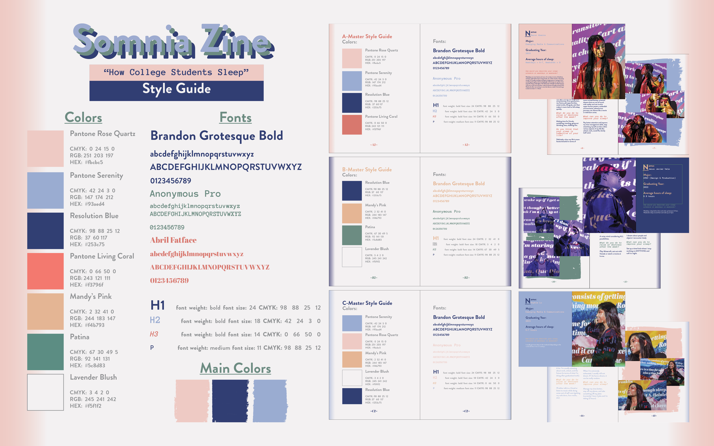 Style Guide created for Somnia Zine featuring trend colors such of the time such as Living Coral, the Pantone 2019 Color of the Year. Specific font choices and varied page colorways were chosen to align with student images.