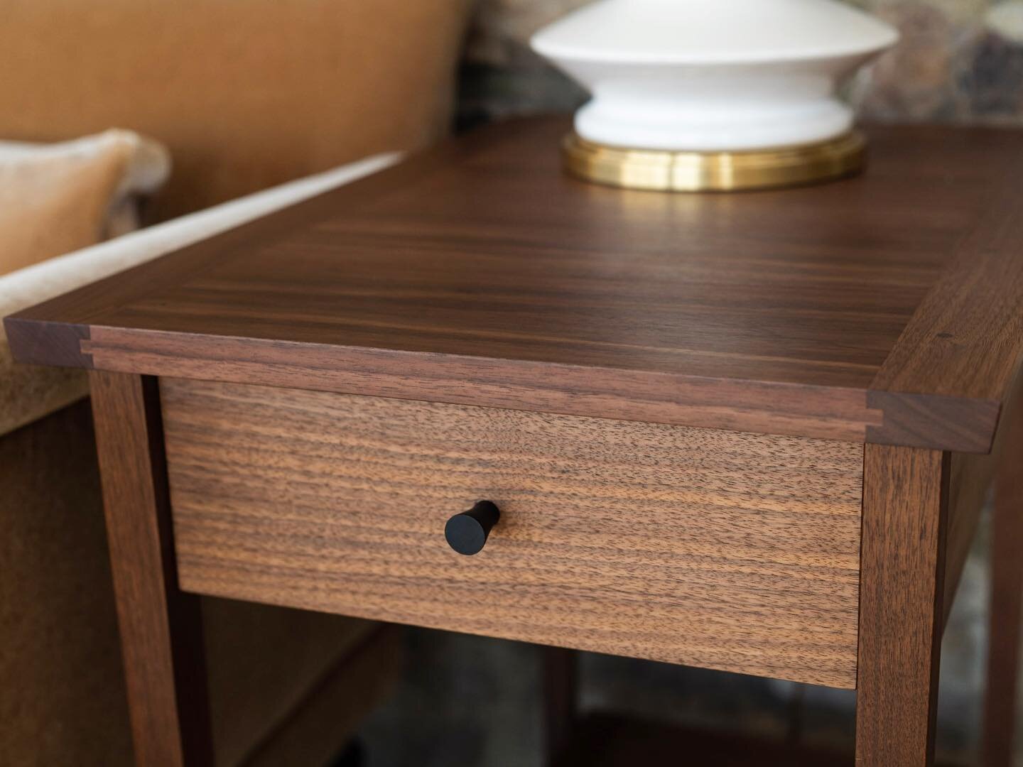 Matching end tables with soft-close drawers in Pennsylvania Black Walnut for a client&rsquo;s guest house on top of Red Mountain in Birmingham, AL. I love this couch that @db_interiors chose.

All mortise and tenon joinery. Bread board ends on table 