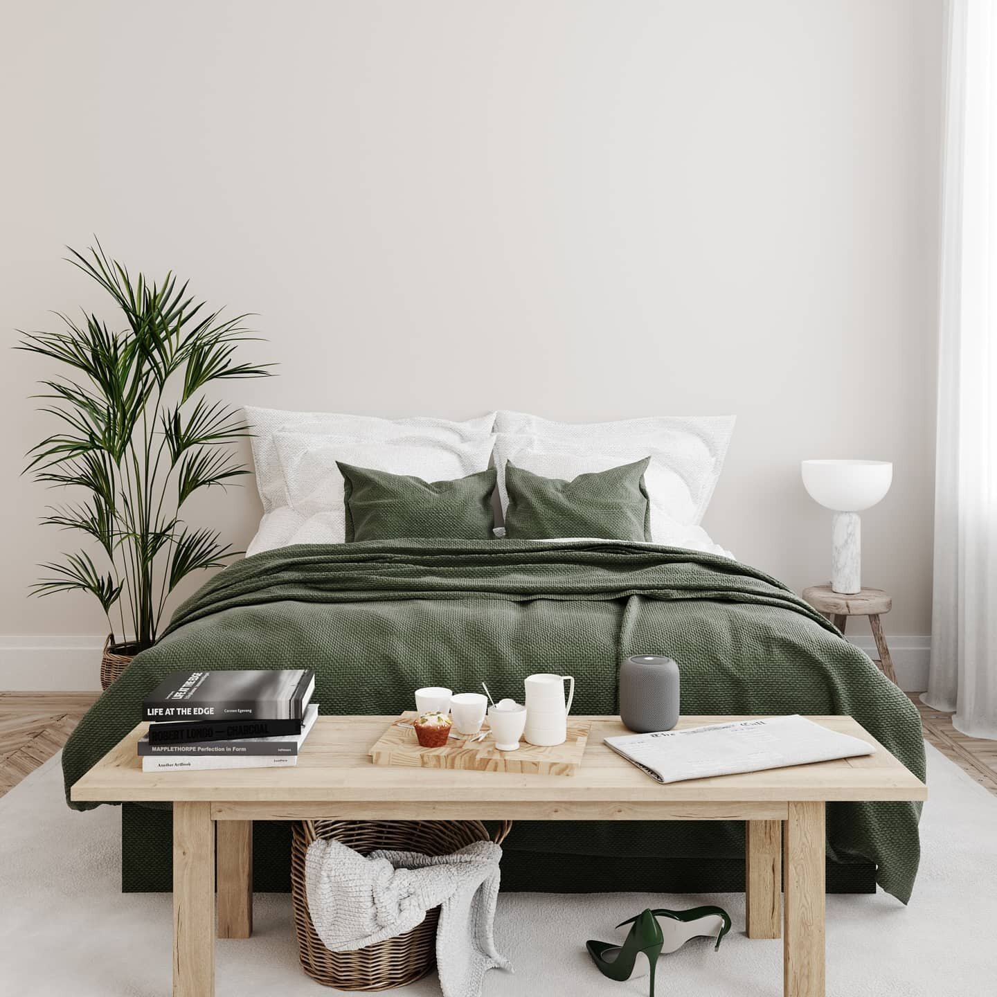 Virtual Staging 3D Visualisation. Creating static backdrops &amp; environments for product marketing. Here the client wanted a slightly different composition to the reference image, making the bed a central feature of the scene. 

Image 1 - 3D Render