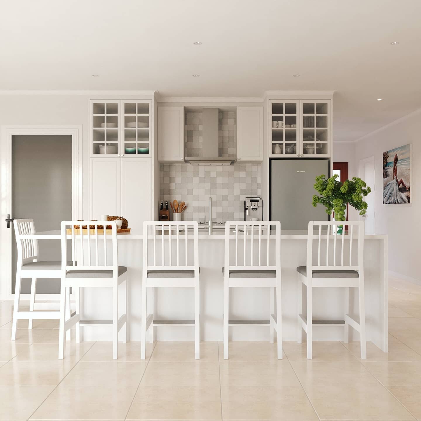 Recently completed design &amp; renders for a local kitchen renovation. Our client wanted a contemporary take on the Hamptons style &amp; a white/grey colour scheme to fit into their open plan living room styling. We made a point of accurately repres