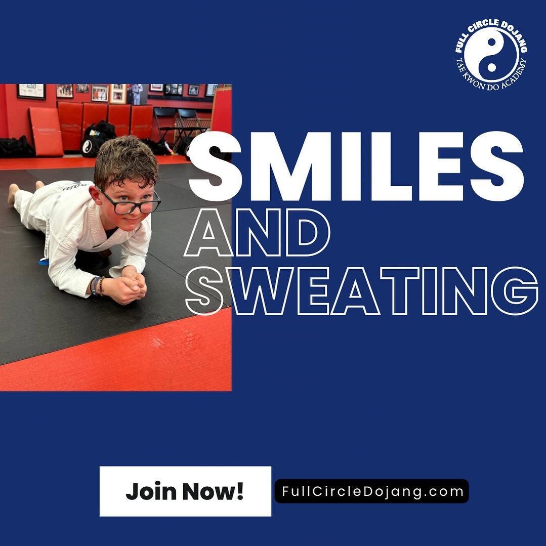 Smiles and Sweating!  Can&rsquo;t beat it!  Join us and we promise you&rsquo;ll be doing the same!
*
Reminder for Today&rsquo;s (Wednesday) Schedule:
🐉 Dragons 4:30-5:00
🥋Beginners 5:00-5:45
☯️Intermediate/Advanced 5:45-6:30
🇰🇷Teens/Adults 6:30-7