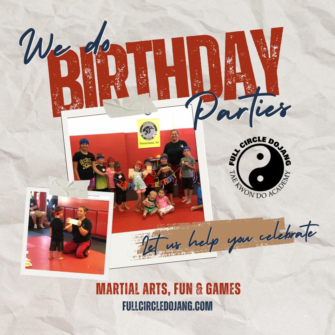 Did you know we throw a pretty kickin&rsquo; party?  We&rsquo;d love to host your next one here!
Each 90 Minute Party Includes:
🎉 45 Minutes of Instruction
🎉 Games
🎉 White Belt 
🎉 Birthday Stripe
🎉 Board Breaking 
🎉 Samurai Sword Cake Cutting
?