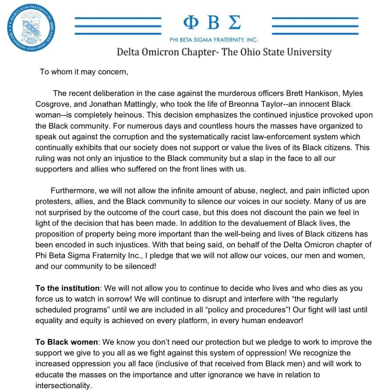 Delta Omicron Chapter of Phi Beta Sigma Fraternity Inc.&rsquo;s statement related to the grand jury&rsquo;s decision concerning the murders of Breonna Taylor

#justiceforbreonnataylor 
#blacklivesmatter✊🏽✊🏾✊🏿 
#wethechange