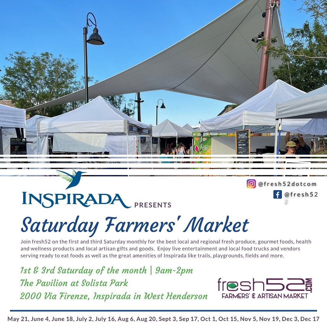 Here&rsquo;s where you can find us today. Our full signature market  is happening at Inspirada this morning from 9 to 2 this afternoon. Our partner market in DTLV from 10 to 3, and live music market tonight at Lake Las Vegas from 5 to 10. 
@inspirada