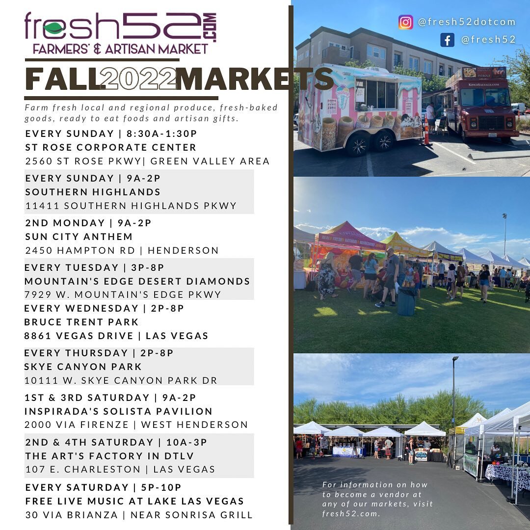 September is here! Time for the fall market schedule. 
Enjoy regular Farmers&rsquo; Markets around the valley all week long. 
Tues at Mountain&rsquo;s Edge
Wed at Bruce Trent Park
Thurs at Skye Canyon
Sat at Inspirada, DTLV &amp; Live Music at The Vi