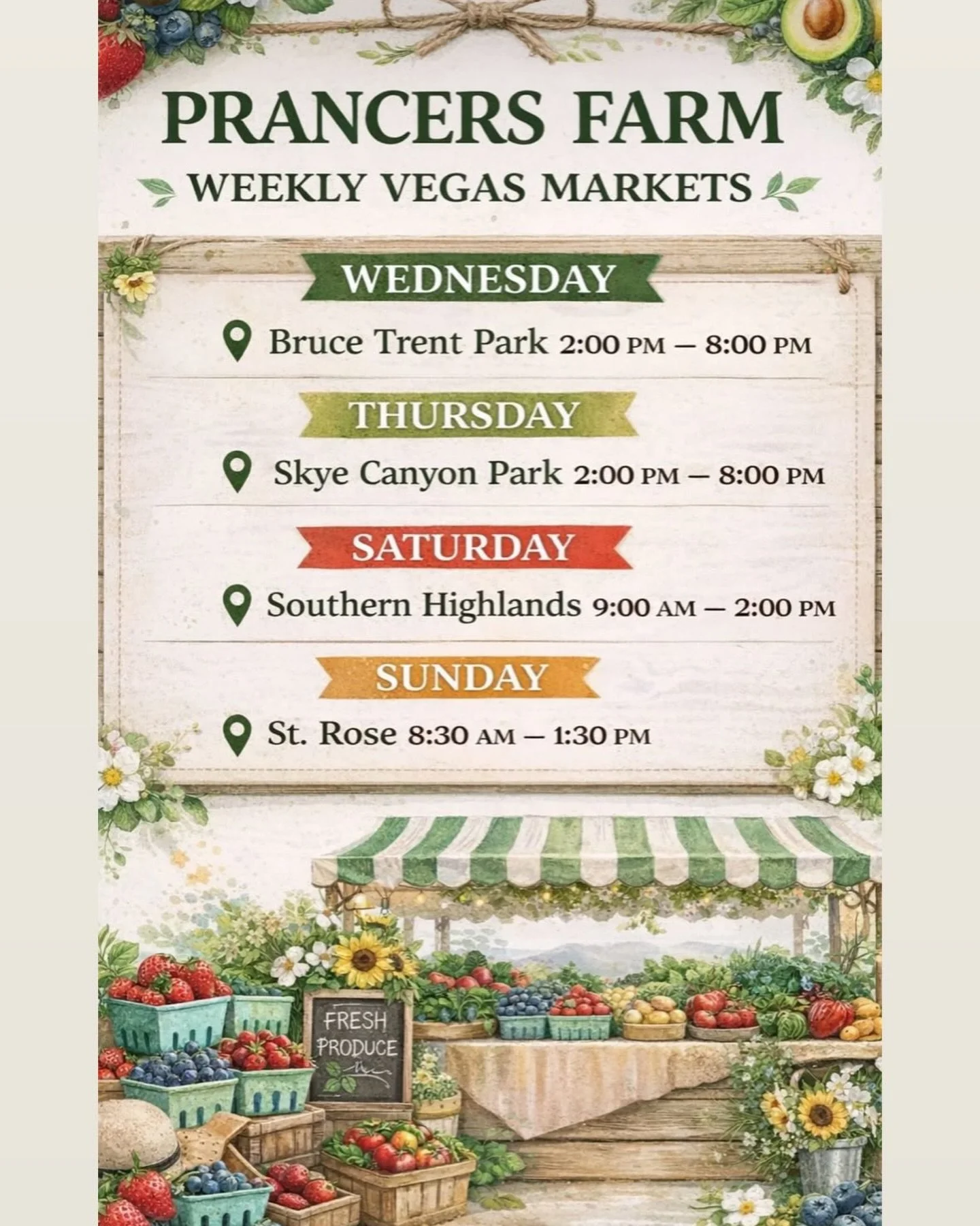 📍 Catch Prancers at Fresh52 all week long:

🗓️ Every Sunday, 
📍 Sansone (2550 St. Rose Pkwy): 
⏰ 8:30 AM &ndash; 1:30 PM​

🗓️ 1st &amp; 3rd Saturday,
📍 Inspirada at Solista Park (2000 Via Firenze) : 
⏰ 9:00 AM &ndash; 2:00 PM 

​🗓️ 2nd &amp; 4t