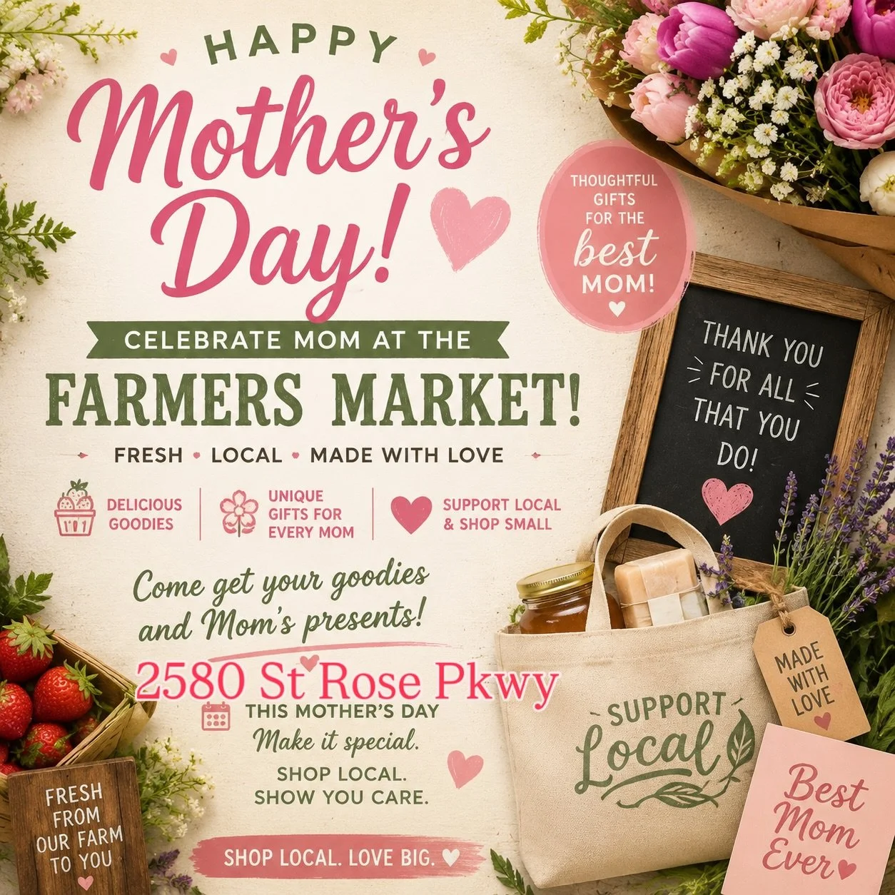 🌸 Mother&rsquo;s Day at the Farmers Market! 🌸
Treat Mom (and yourself!) with fresh goodies, handmade gifts, and local delights. 🥕🍓🧁💐

🗓 This Sunday
⏰ 8:30 AM &ndash; 1:30 PM
📍 Sansone (2580 St. Rose Pkwy): 8:30 AM &ndash; 1:30 PM​

✨ Come fin
