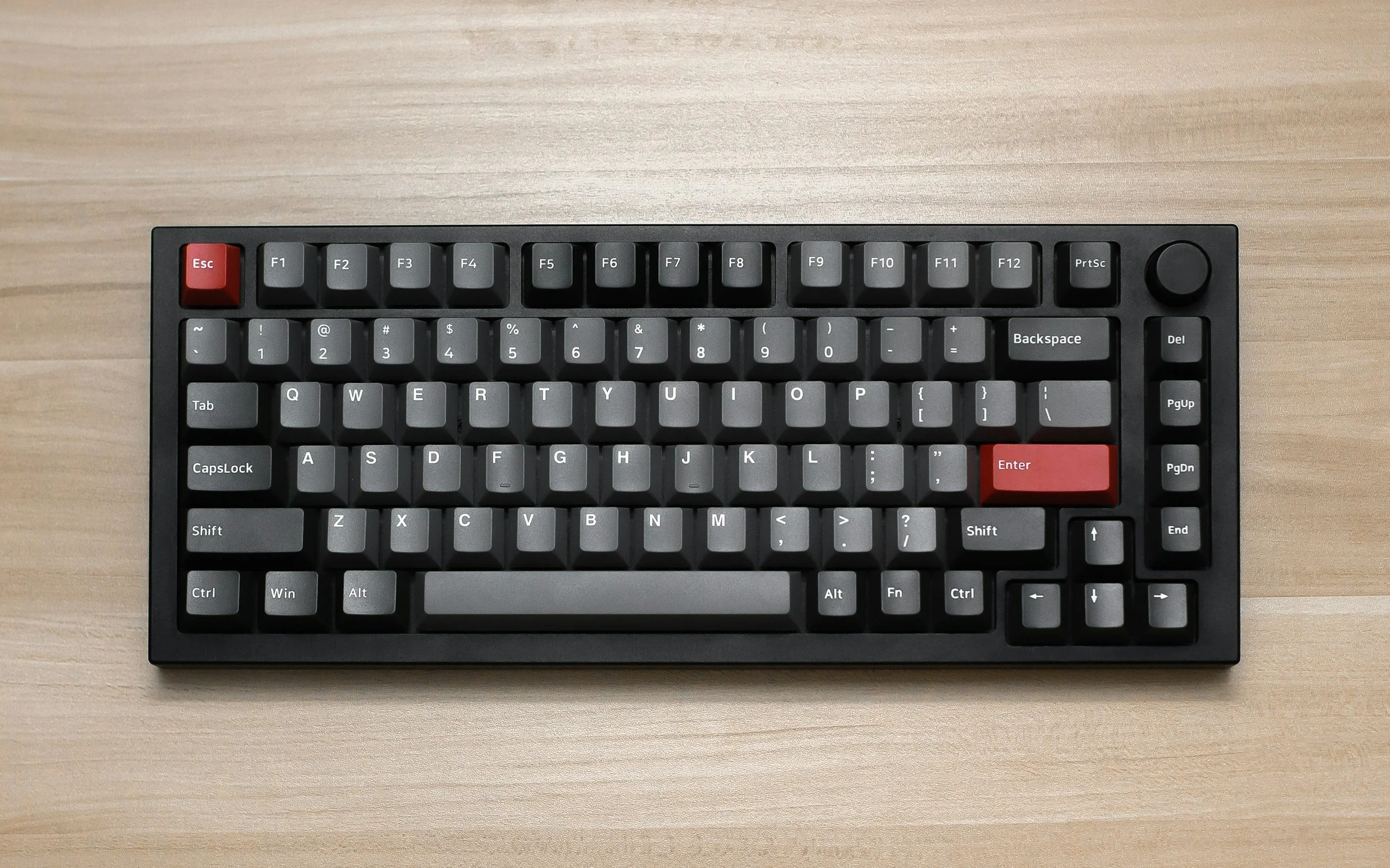 Picture of a black keyboard with 2 red buttonsys