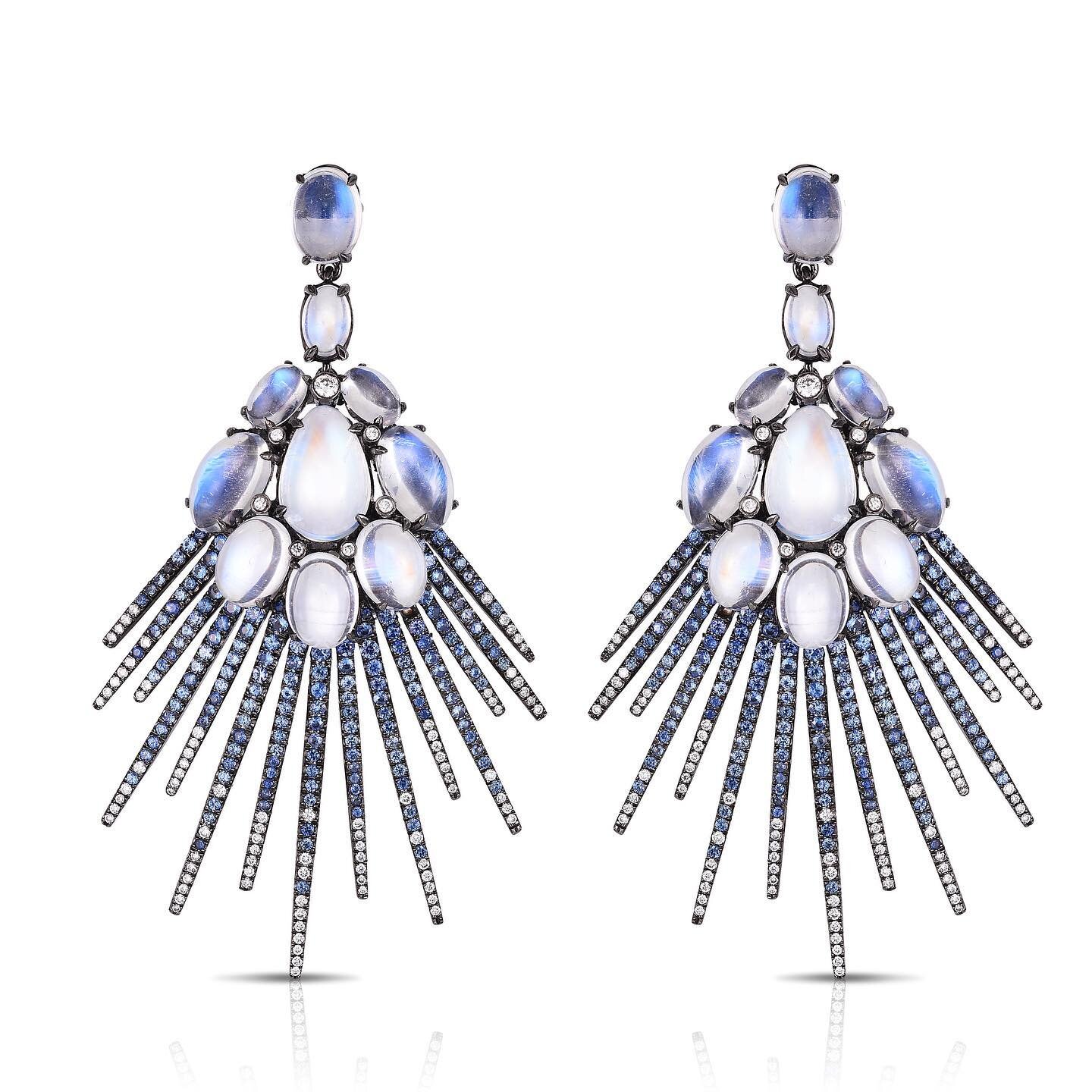 Moonstone Burst Earrings with Sapphires &amp; Diamond Drop. Designed &amp; Made by Cicada in NYC.
.
.
.
.
#cicadajewelry #luxury #diamonds #nyc #jewelry #highjewelry #highjewellery #earrings  #cicada #oneofakind #oneofakindjewelry #finejewelry #insta