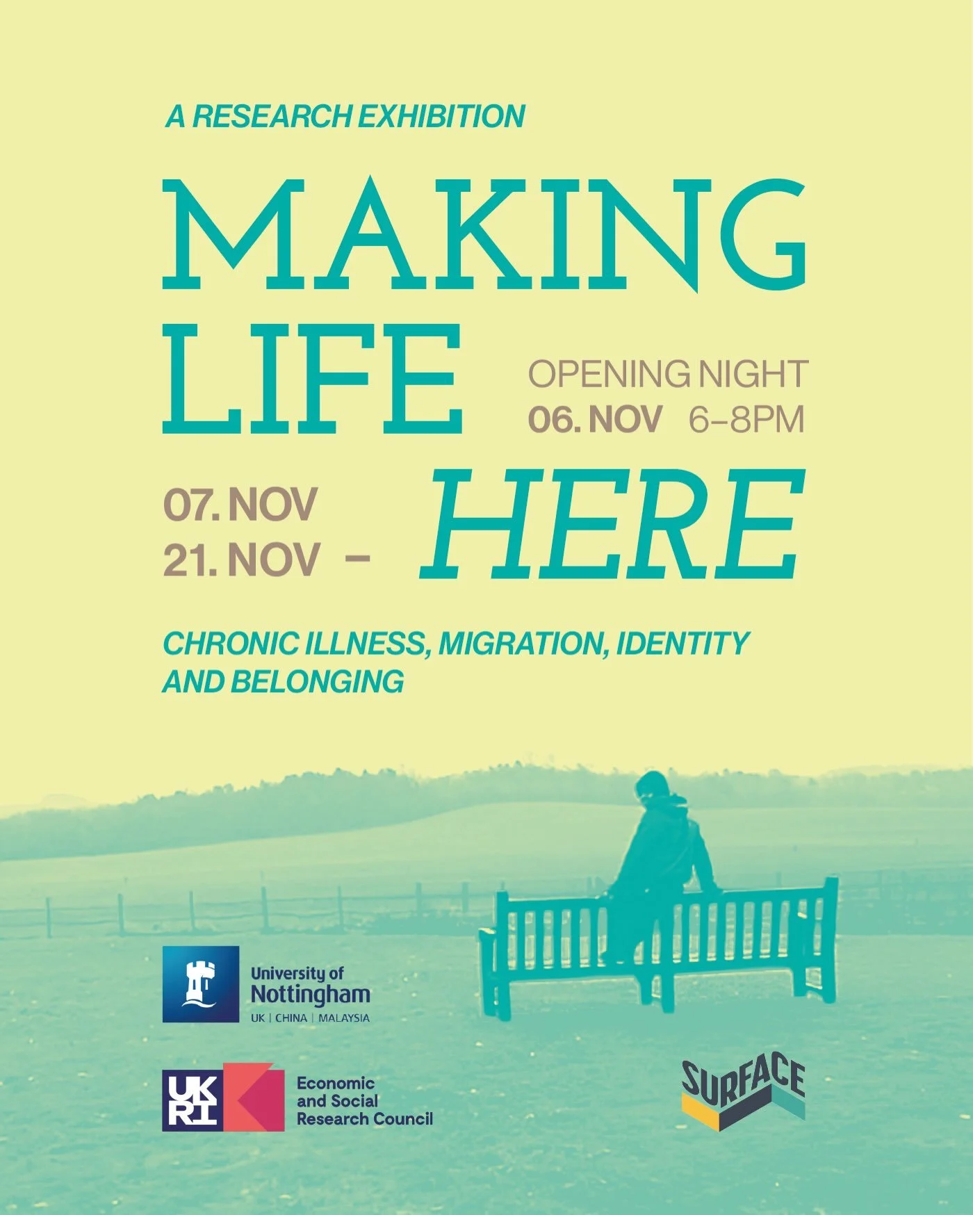 Surface proudly presents Making Life Here, opening on Friday the 6th November, 6&ndash;8PM

In collaboration with The University of Nottingham and The UKRI this exhibition will be exploring chronic illness, migration, identity and belonging. 

Curiou
