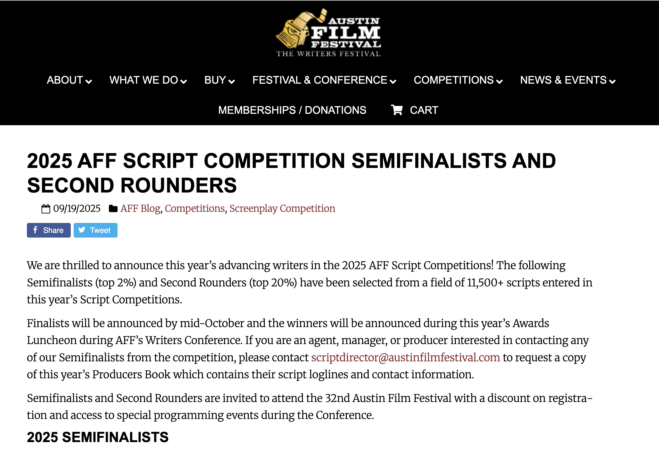 2025 AFF Script Competition Semifinalists and Second Rounders
