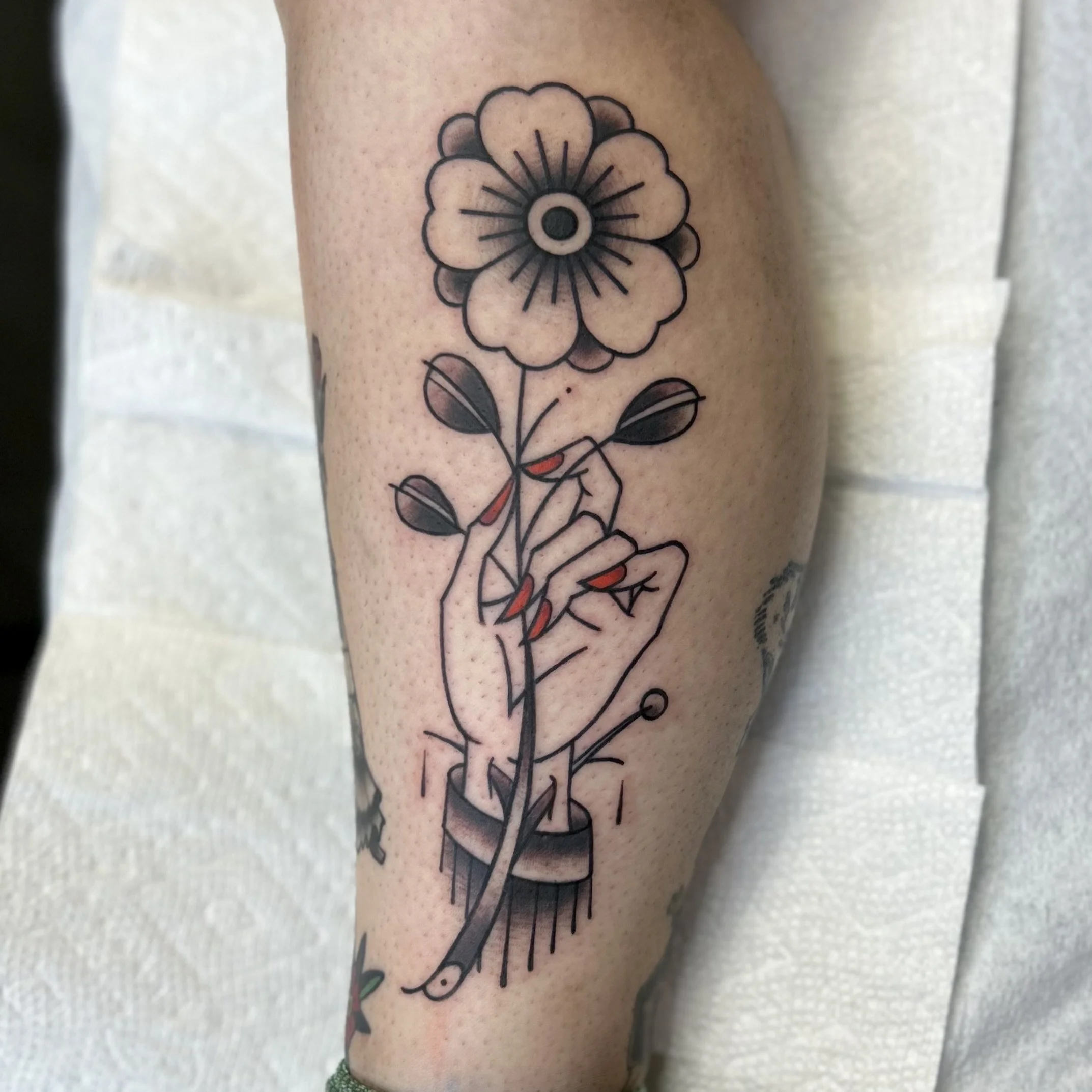 black and white ornamental flower tattoo