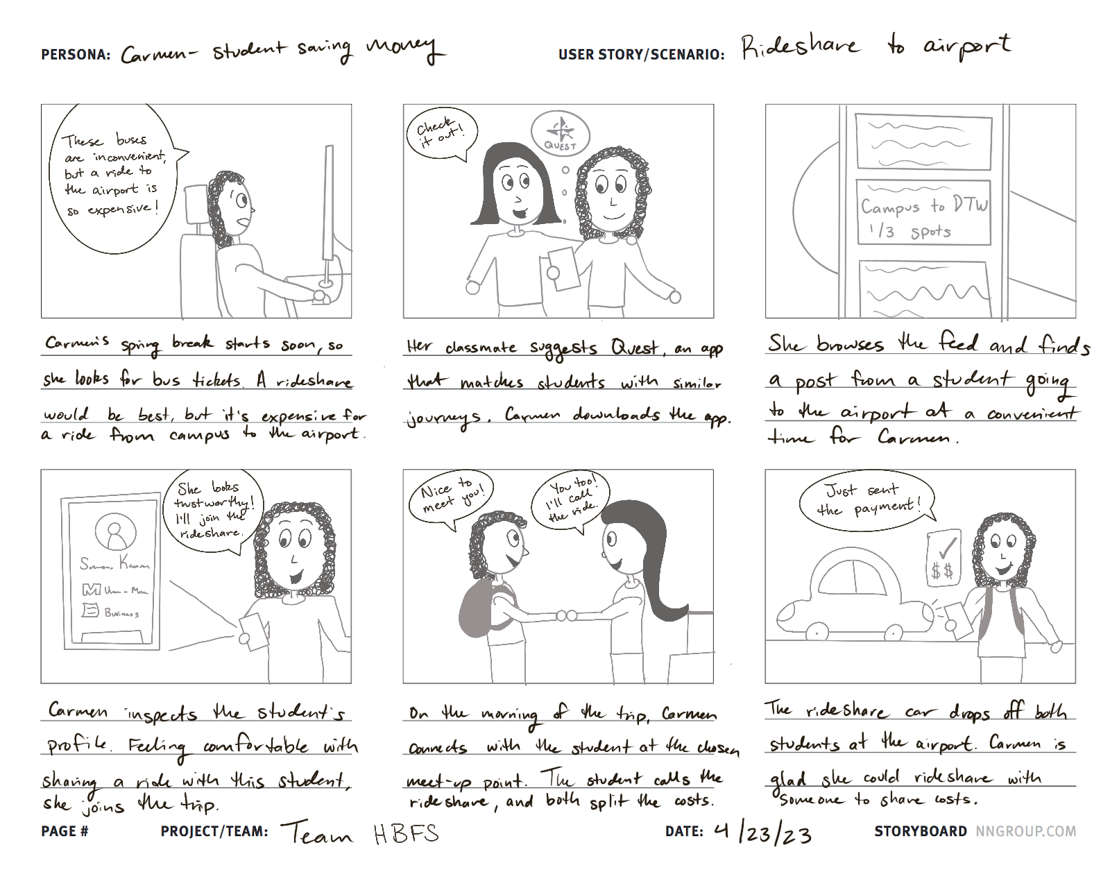 Storyboard detailing two students sharing a ride to the airport using our proposed design solution.