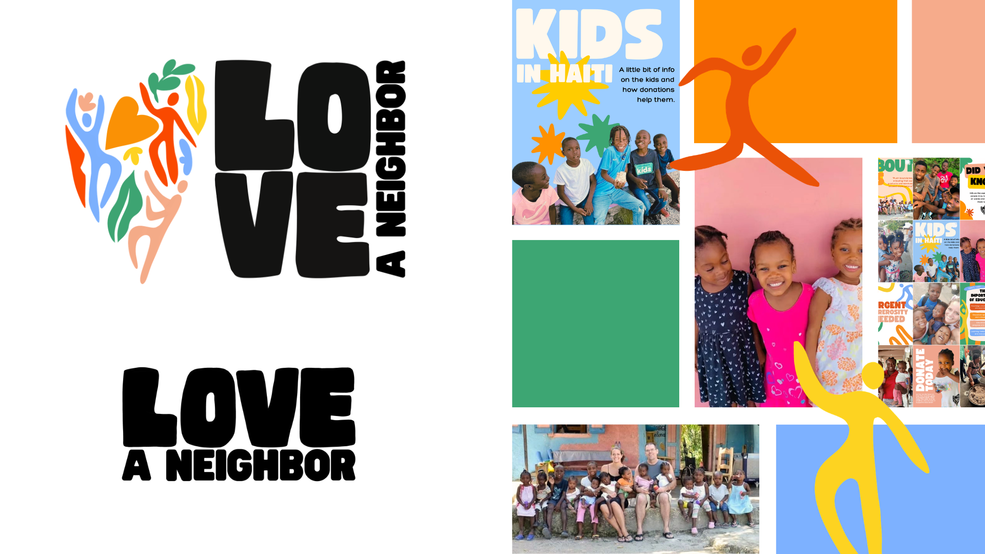 A collage featuring a colorful heart shape made of illustrations of people with the message "Love a neighbor" in bold black letters, and several smaller photographs of children and adults in various settings.
