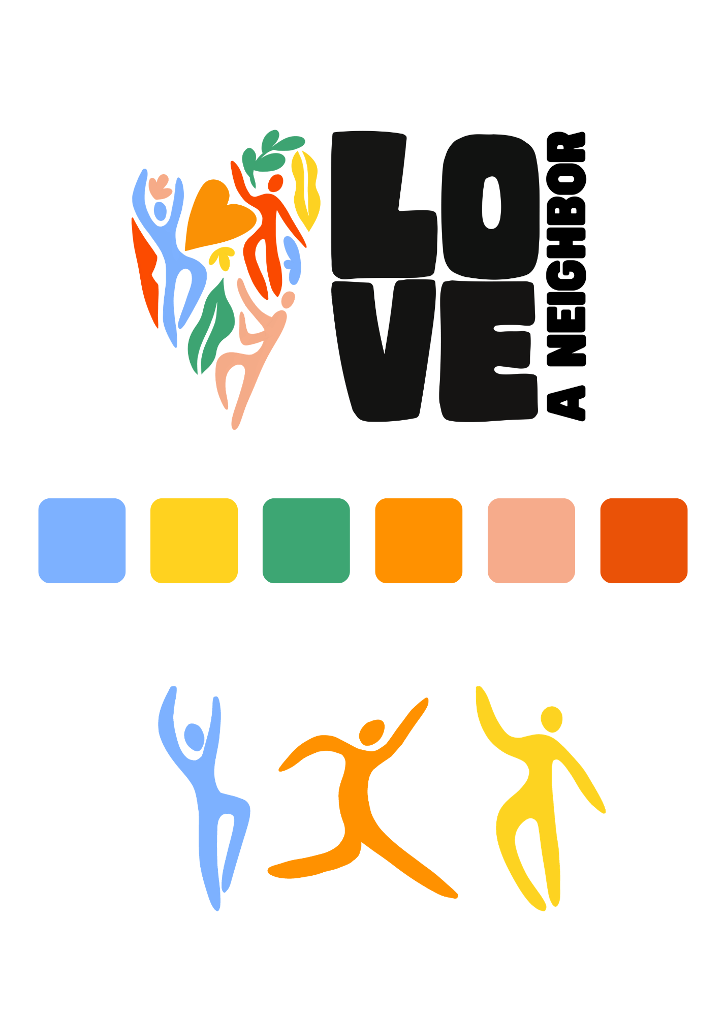 Colorful logo with the words "LOVE AND WEIGHT" and a heart, featuring abstract figures of people dancing surrounded by colorful squares. Custom Branding package created in an artistic style. Ideal for local Washington State businesses, and Non profit