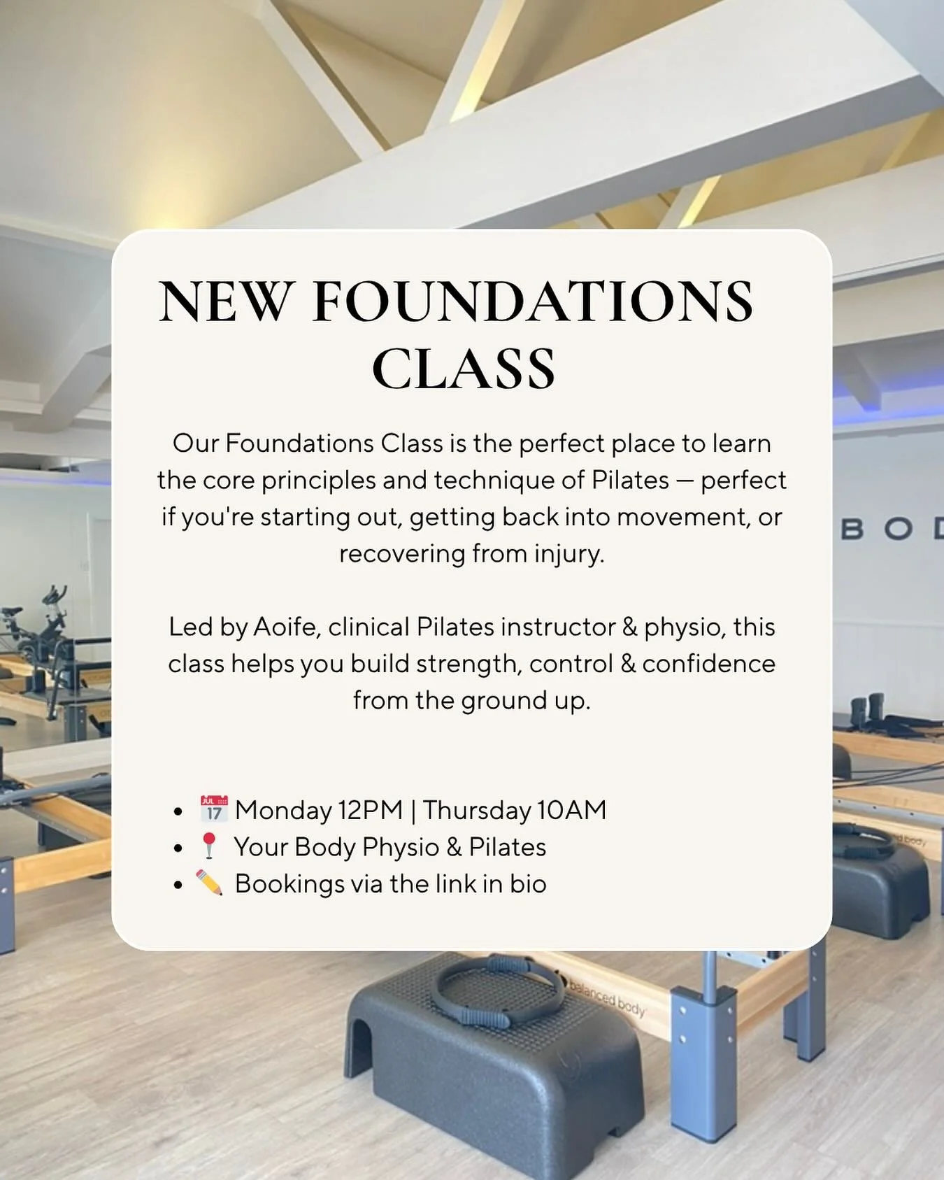 Taking the first step into Pilates can feel daunting, but it doesn't have to. Our foundations class provides a safe and welcoming environment to learn the reformer and build a strong Pilates foundation. You'll be able to learn at your own pace, feeli