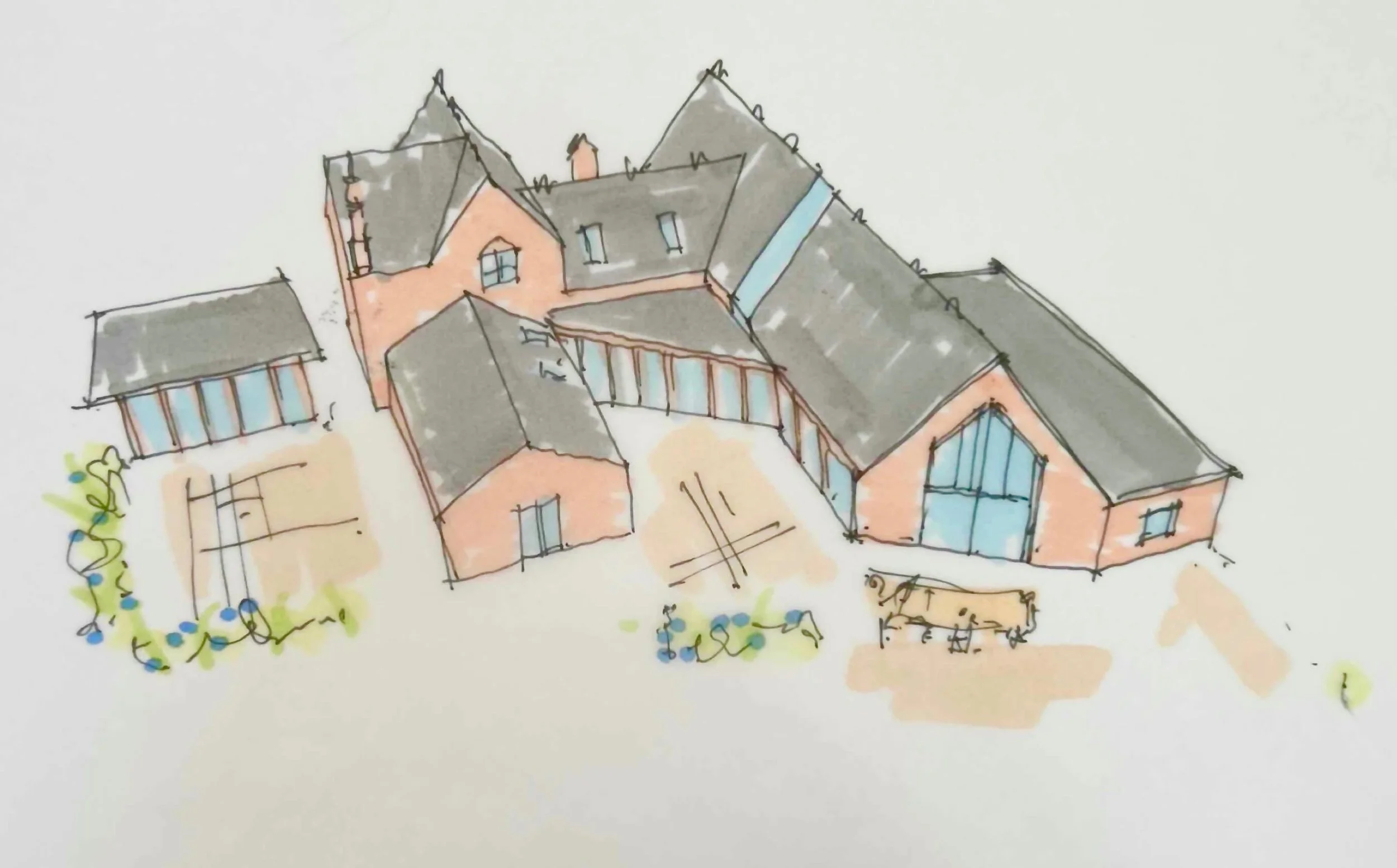 CONCEPT : Sketch option for extensions at a home in South Norfolk

This is where we start. Quick sketch massing options to explore the impact of concept ideas in 3D. 

🟡 What views are opened up? 
🟡 What are the impacts on privacy?
🟡 How overbeari