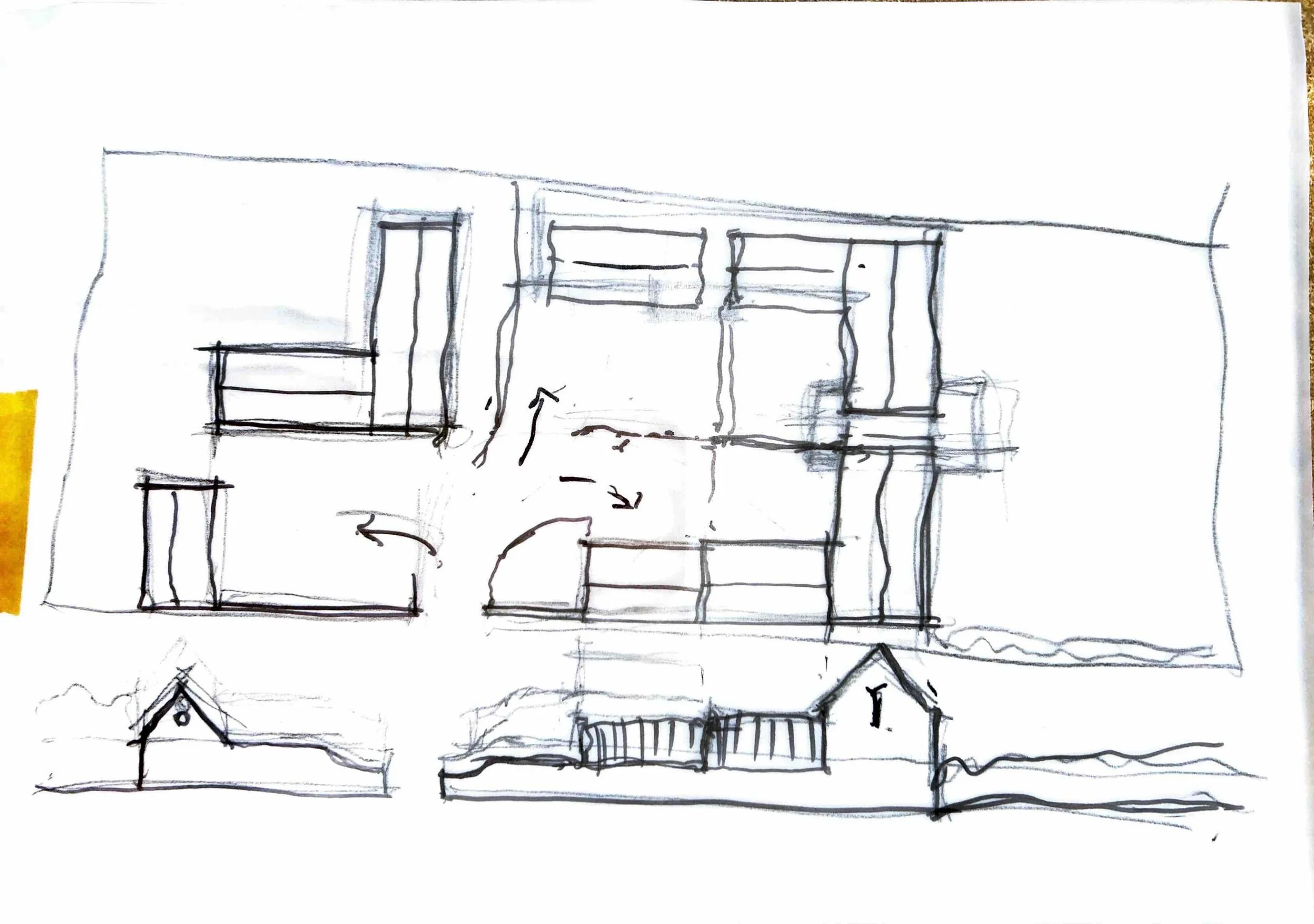CONCEPT: 3 replacement homes in West Norfolk 

We putting together concept sketch options for 3 replacement dwellings currently approved under Class Q. The intention is to create a place that reflects the local farmstead vernacular and makes more of 