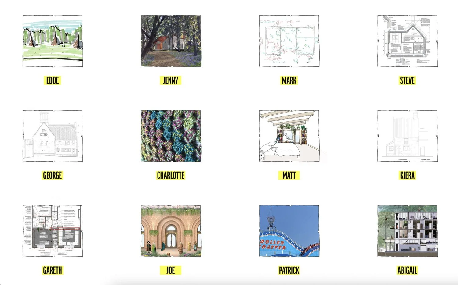 Collection of images that represent the 13 architects and designers that make up ENSEMBLE