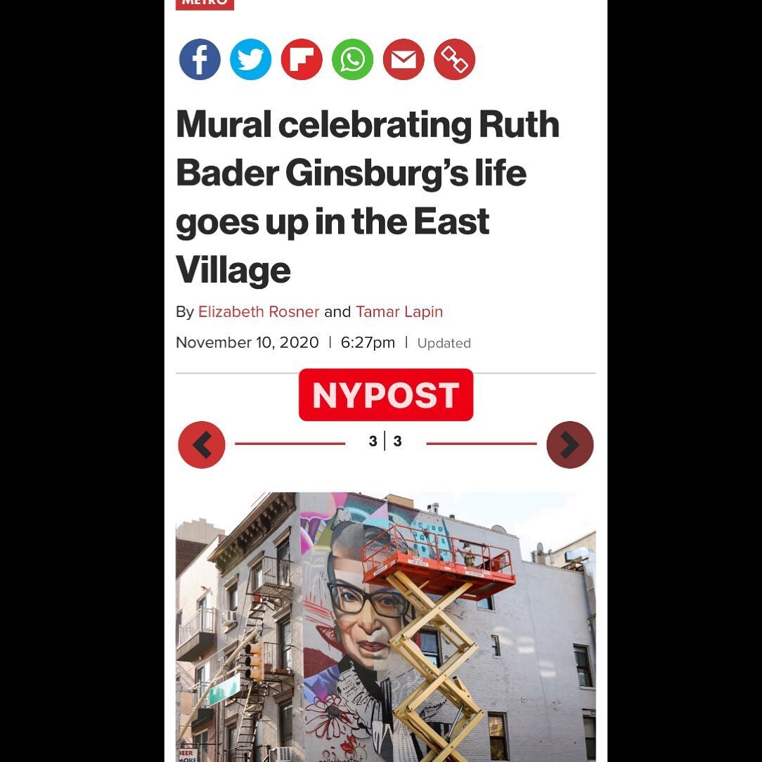 @nypost article on my painting of #rbg . Wish you could see it Ruth, we are so grateful for all that you did 🙏💖👯&zwj;♀️ thanks to @lisaprojectnyc for wall coordinating 🤘

 #rbg #mural #elle #ellestreetart #metro