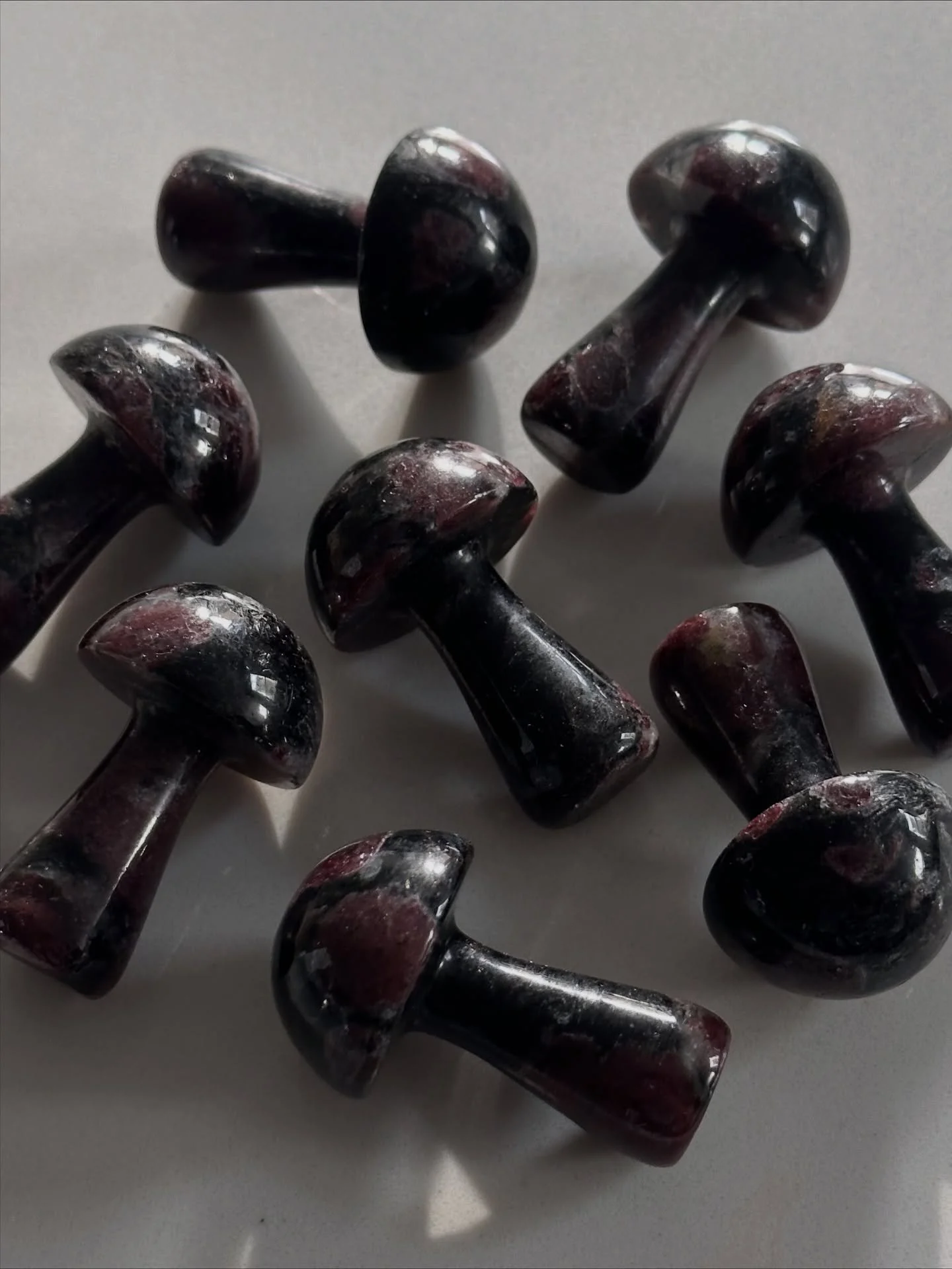 These cute Garnet &amp; Astrophyllite mushies have been added to our upcoming Story Sale! 🤩 Tune in on Wednesday 11/19 to see more!