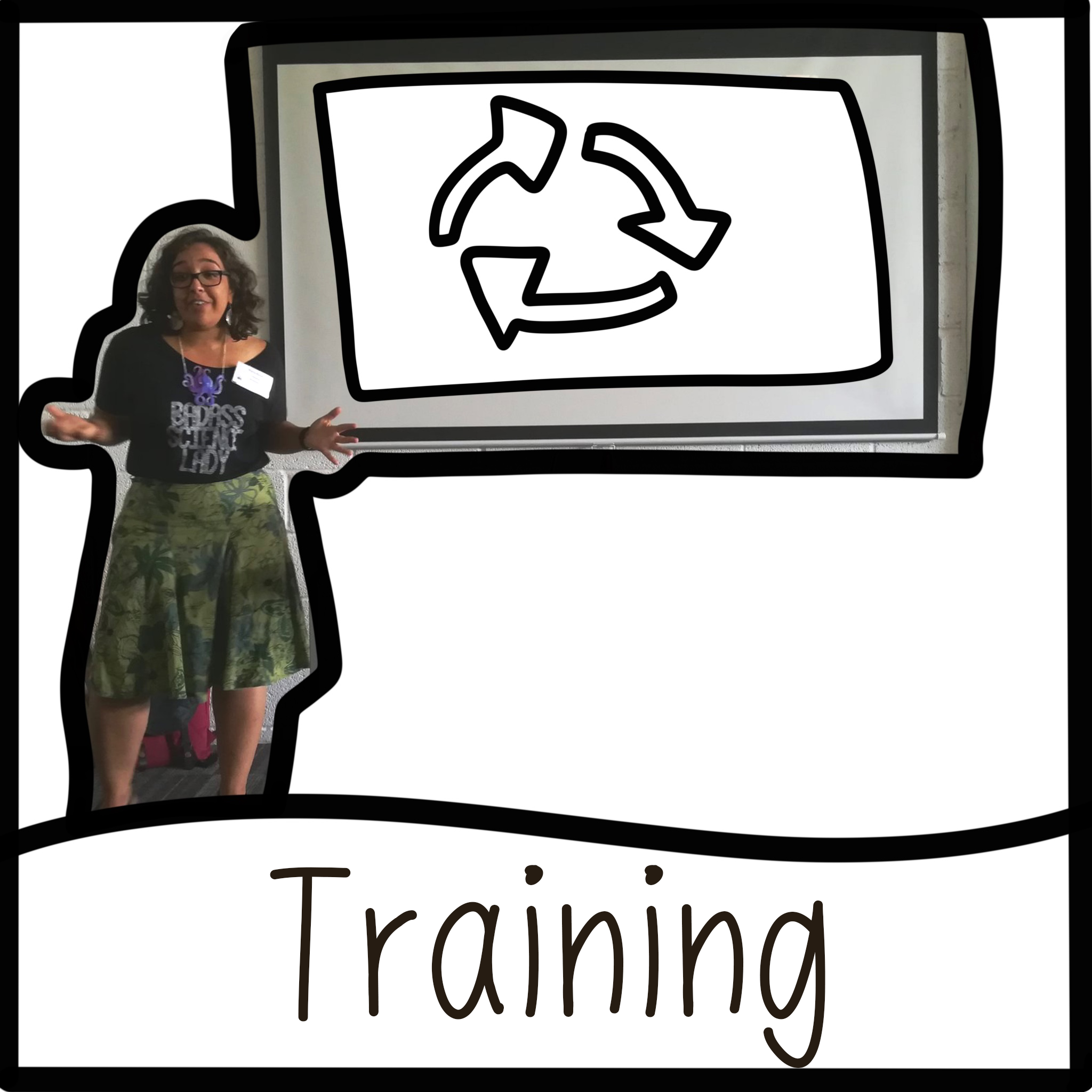 Training: An image of Hana, a woman with glasses, dark curly hair and light brown skin, wearing a black tshirt and a green skirt and presenting in front of a screen. The screen has a doodle of circular arrows on it.
