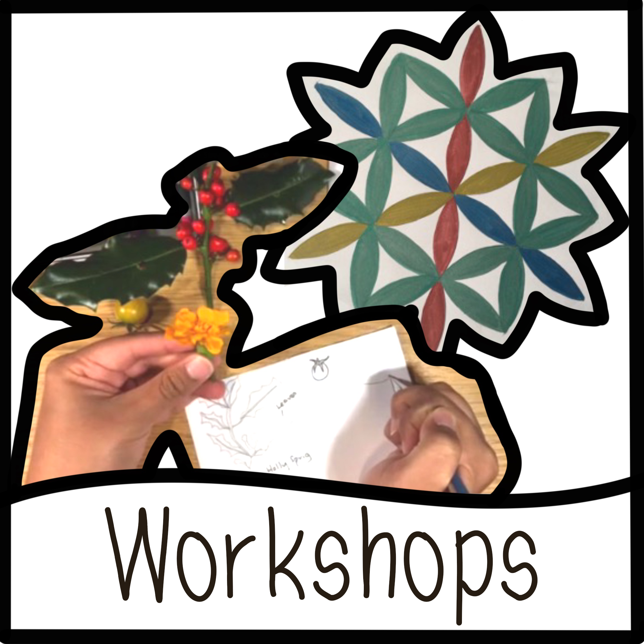Workshops: A pair of hands holding a holly sprig and drawing next to a handdrawn flowery pattern.