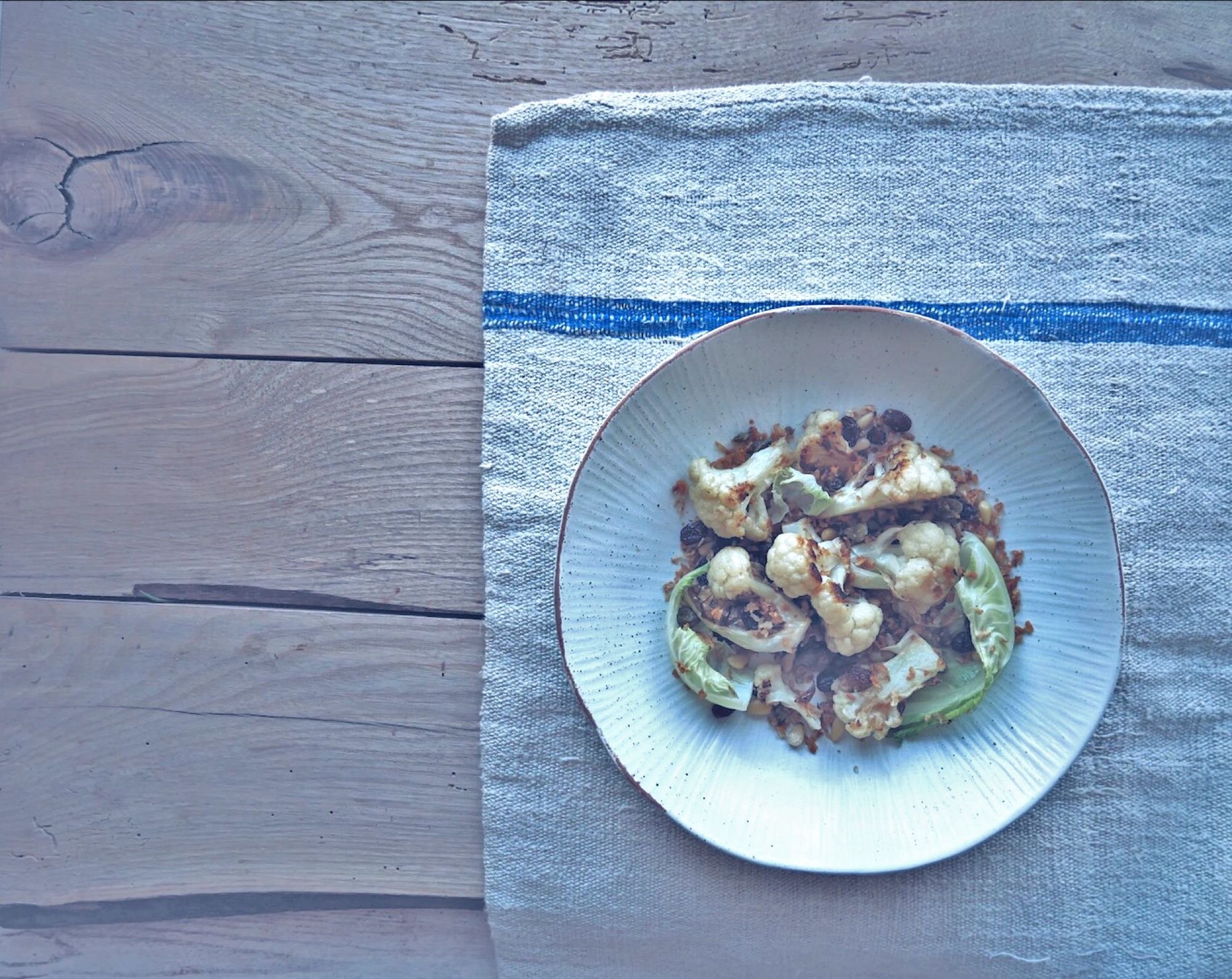 Roast Cauliflower, Raisins, Pine Nuts & Capers