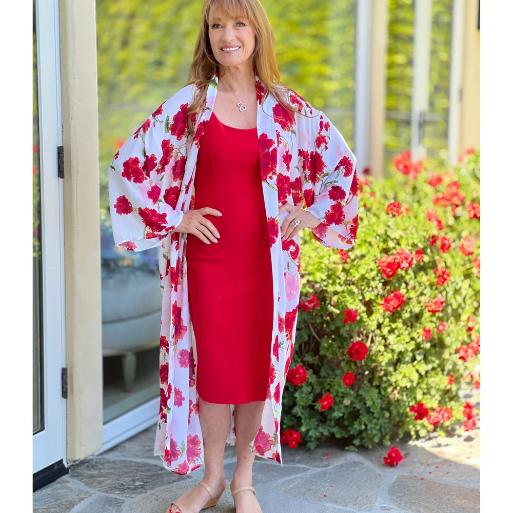 strapless open back dress Long Kimono Robe Red Handmade, L / 64
