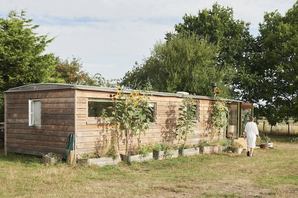 Static caravan with wooden cladding