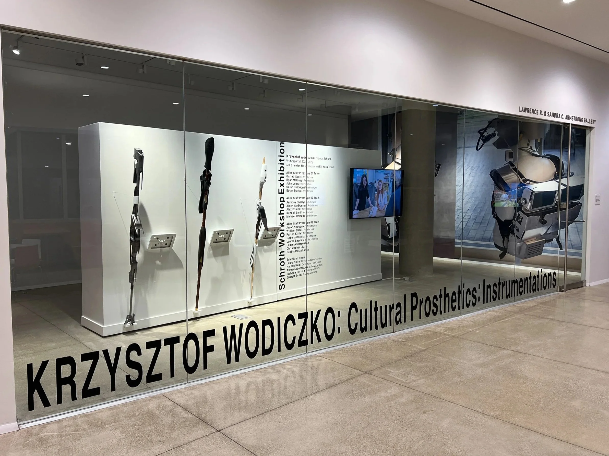 Krzysztof Wodiczko Cultural Prosthetics: Instrumentations entire gallery shot showing the instruments and video screen