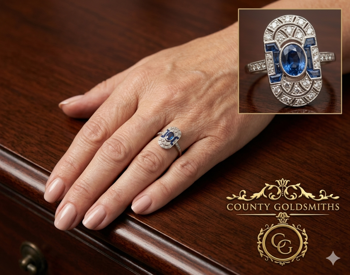 Platinum Deco styled Sapphire and Diamond ring