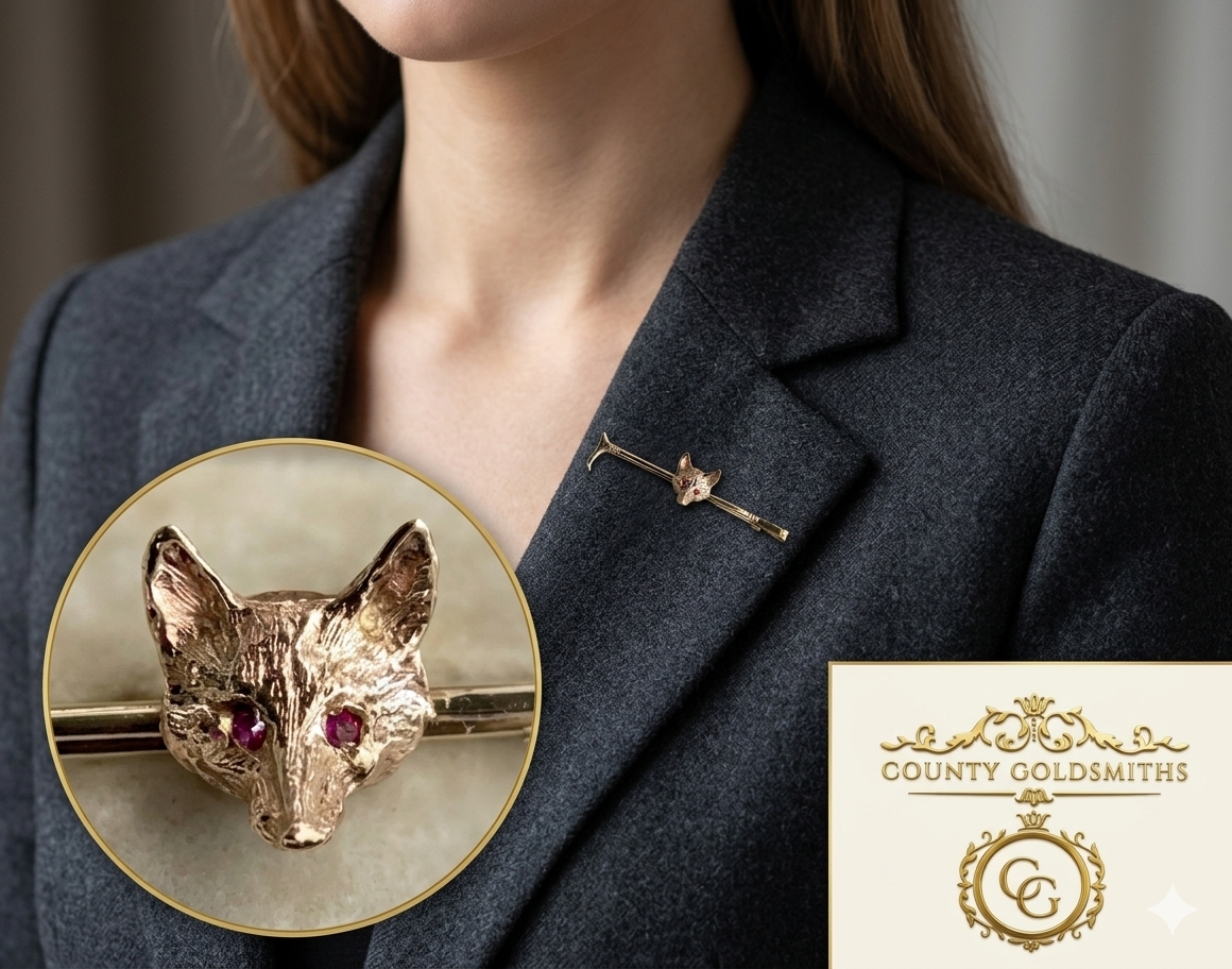 9ct Gold Fox with Riding crop pin