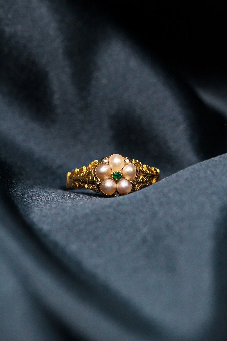 Emerald Pearl & Diamond Cluster Ring