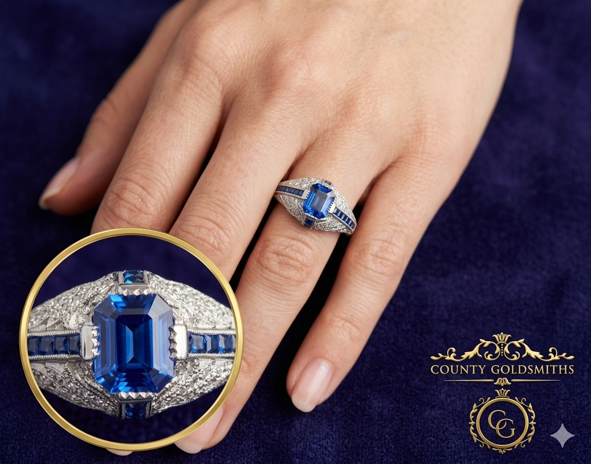 Platinum set Sapphire and Diamond ring