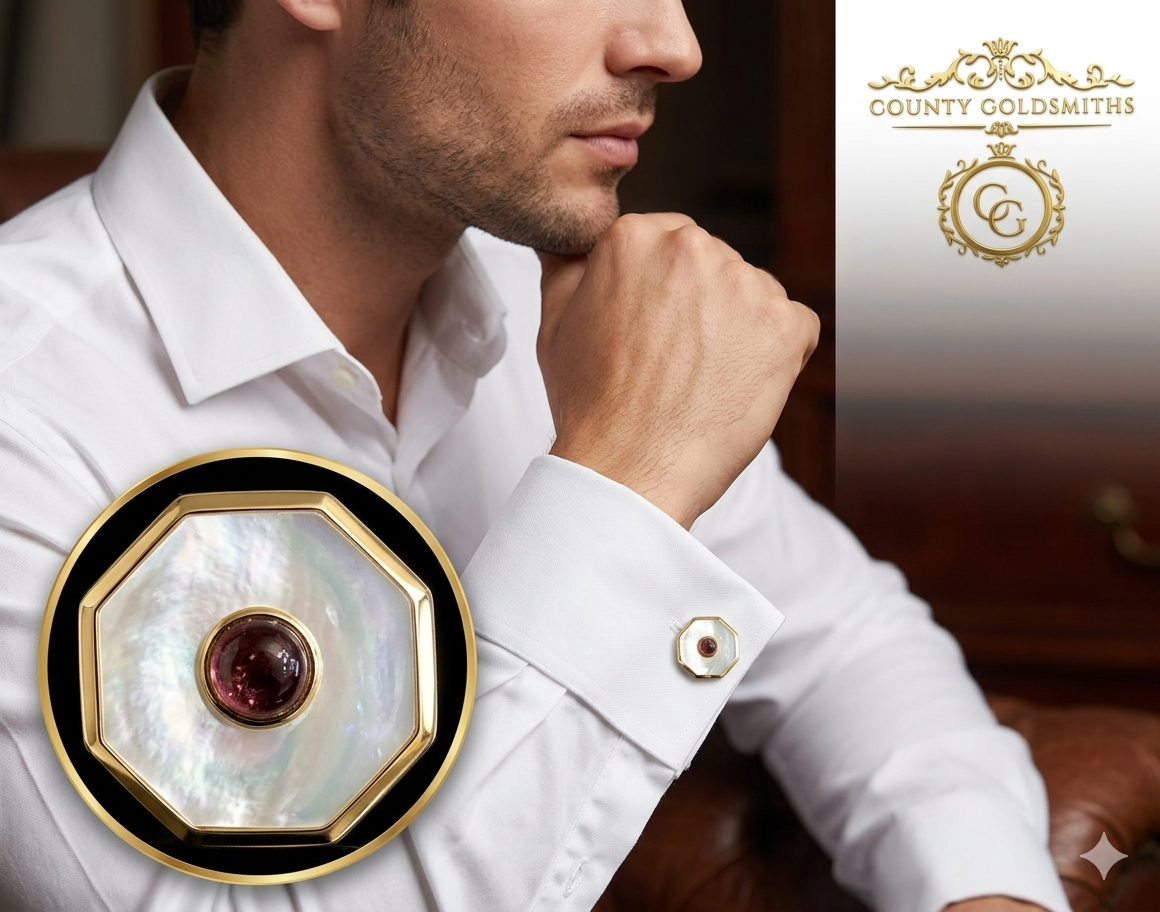 Exceptional quality 18ct Gold Mother Of Pearl Ruby Cuff links