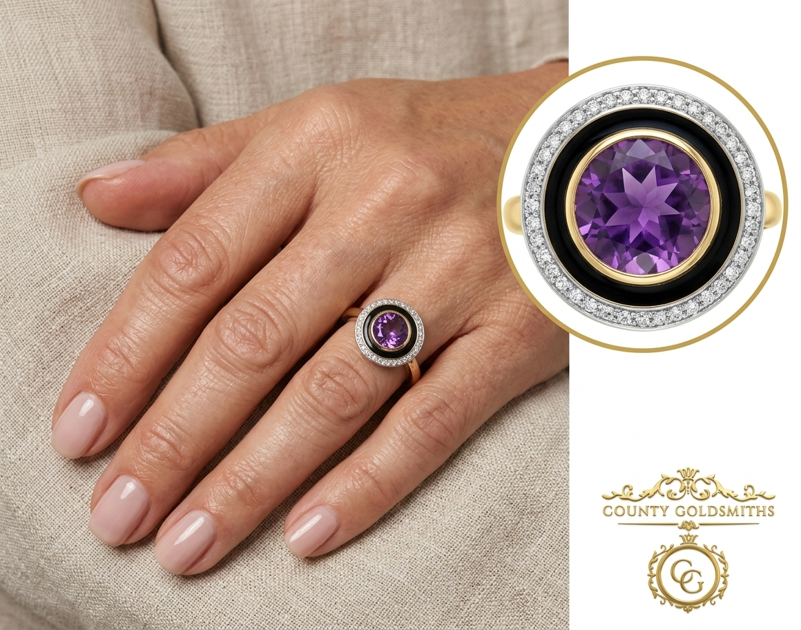 Unique Amythest Diamond and Onyx ring in 9ct gold
