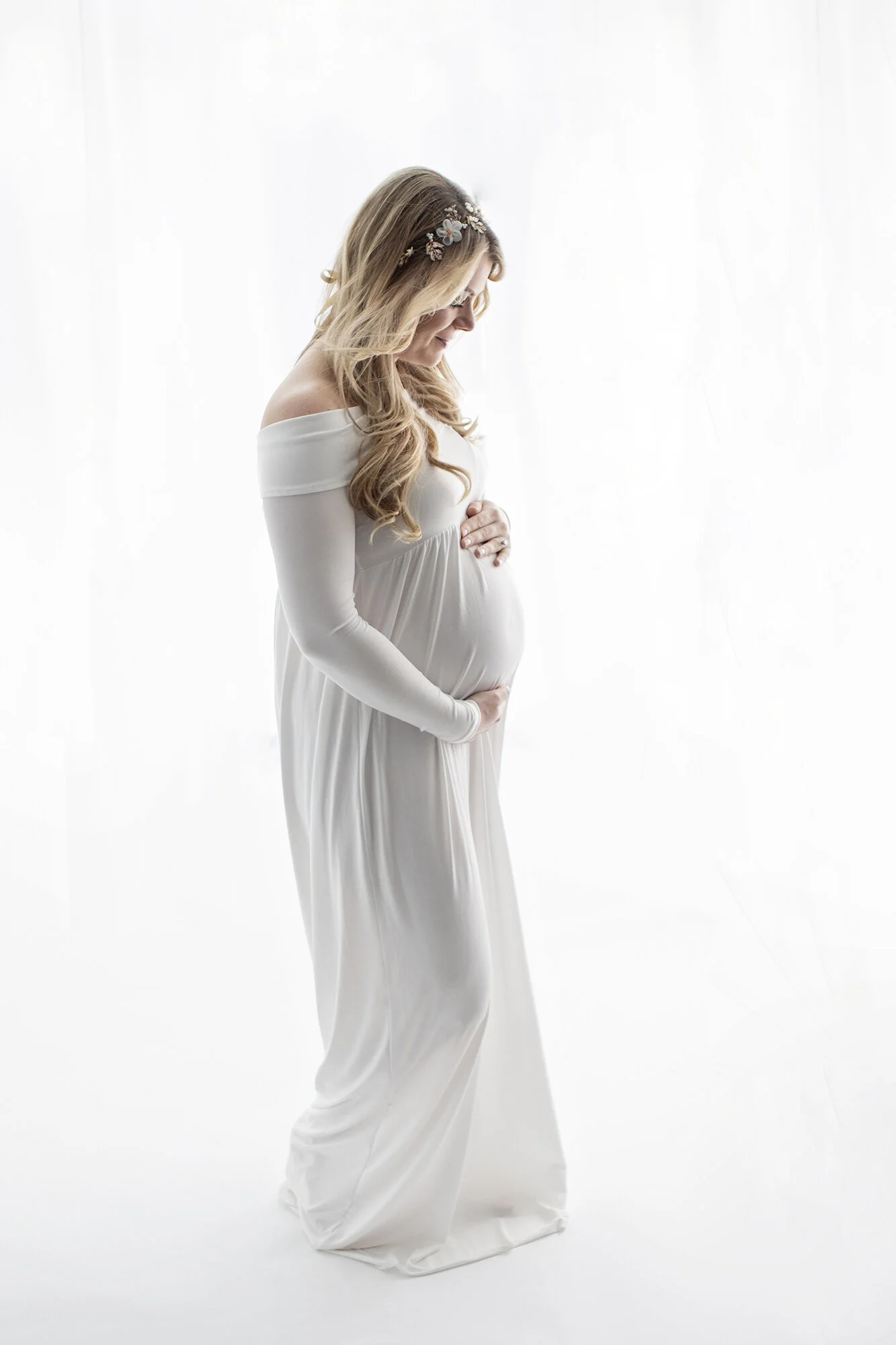 Long Sleeve White Off-Shoulder Gown, Medium
