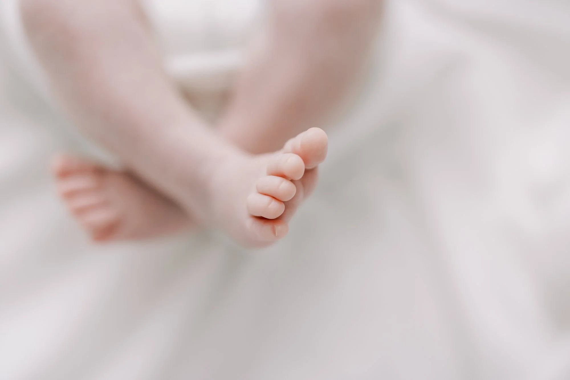 Close-up detail of a newborn baby's tiny feet resting on a soft white blanket during a studio session.