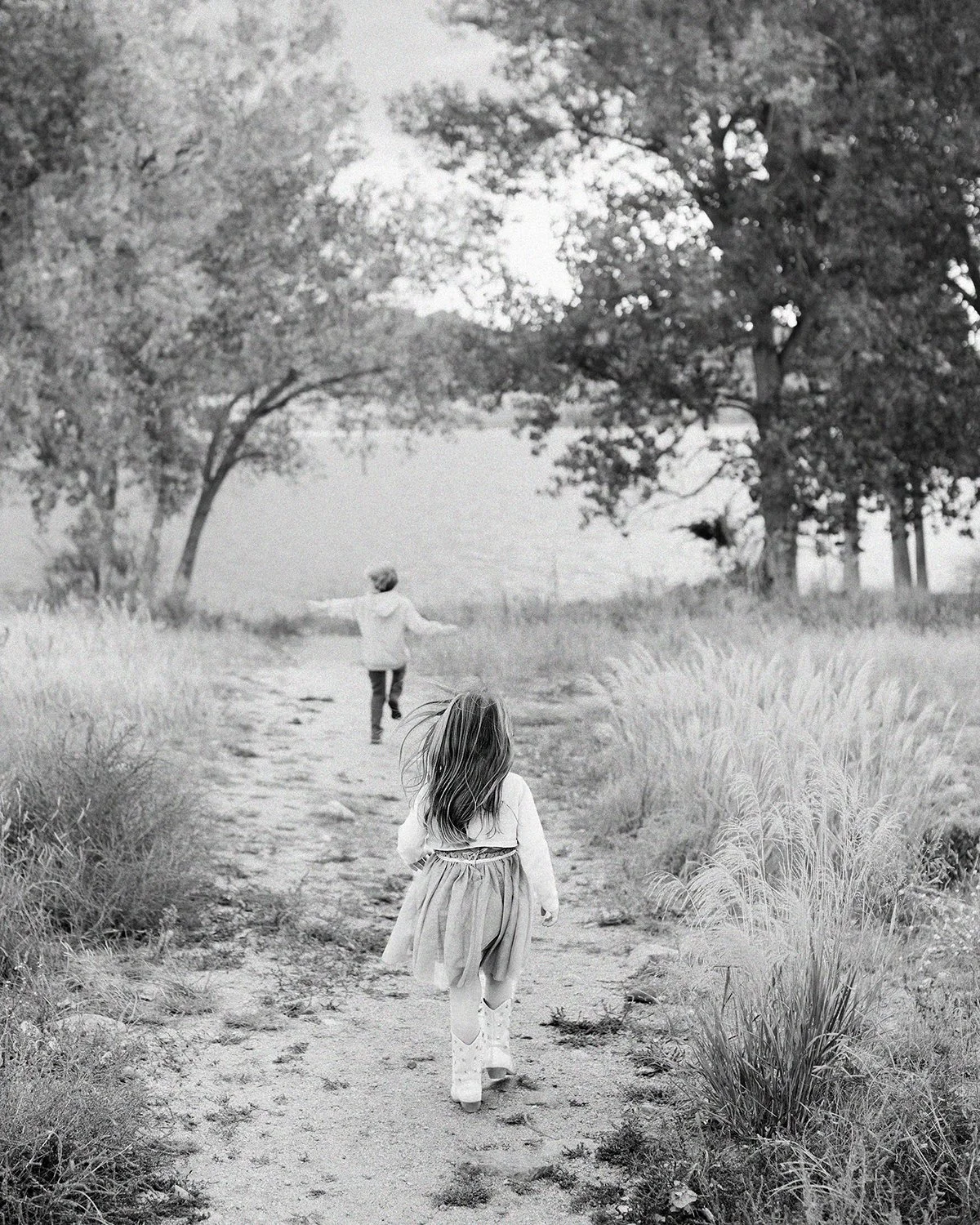 Little girl walking through a sunlit field during a natural family portrait session in Denver, Colorado.