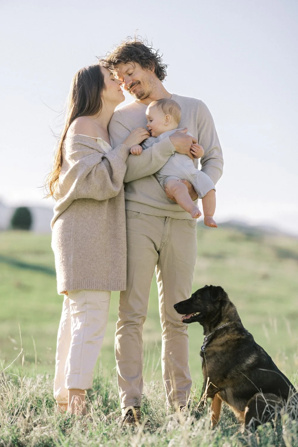 Parents holding their baby with the family dog beside them in a sunlit Colorado field.
