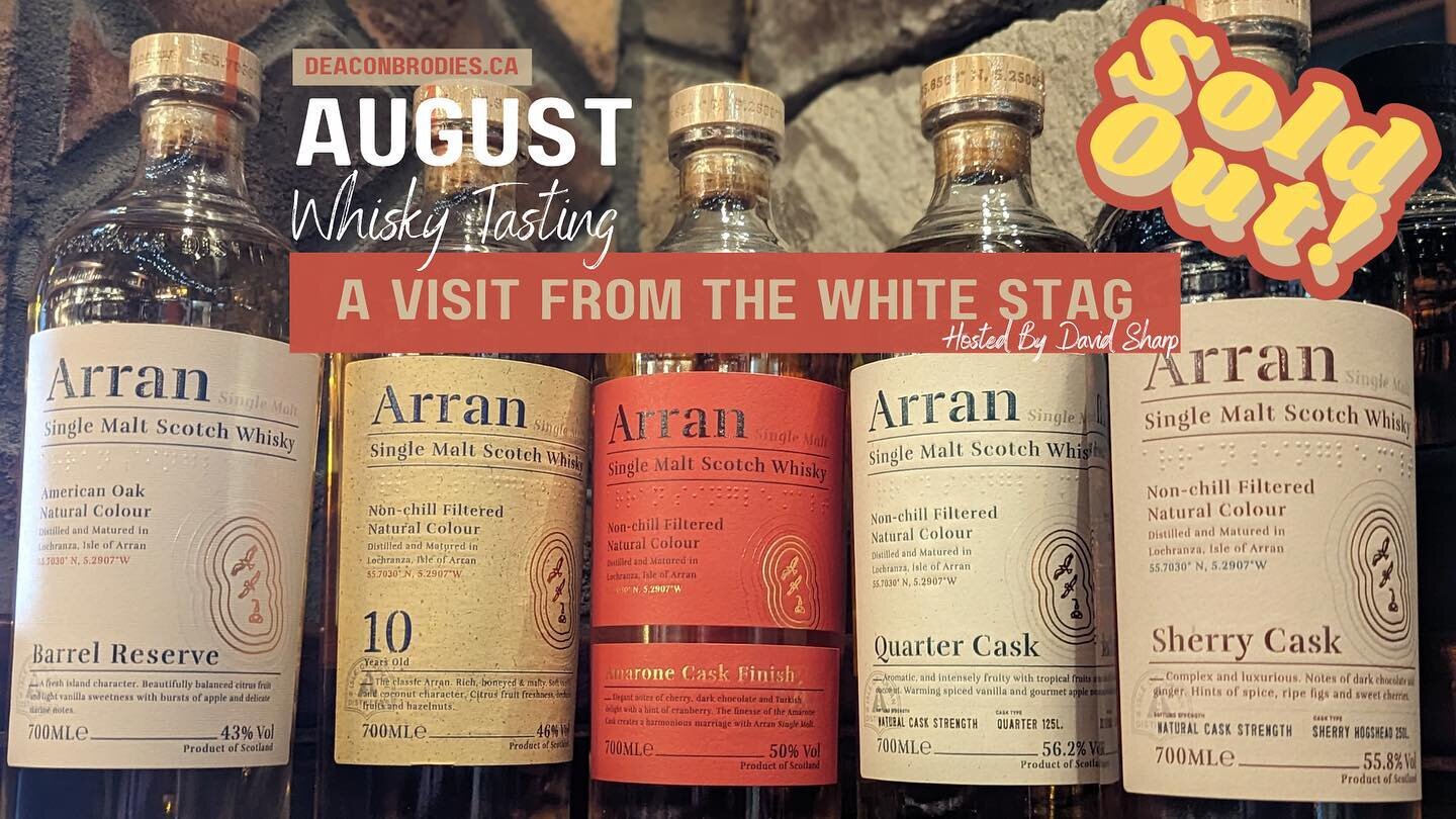 Our monthly whisky tasting is TODAY! And it&rsquo;s 💥SOLD OUT!💥

&ldquo;A Visit From The White Stag&rdquo; features FIVE Arran Malts from the Lochranza Distillery. Hosted by Dave Sharp, this tasting is only $45/person. 

We have a waiting list of o