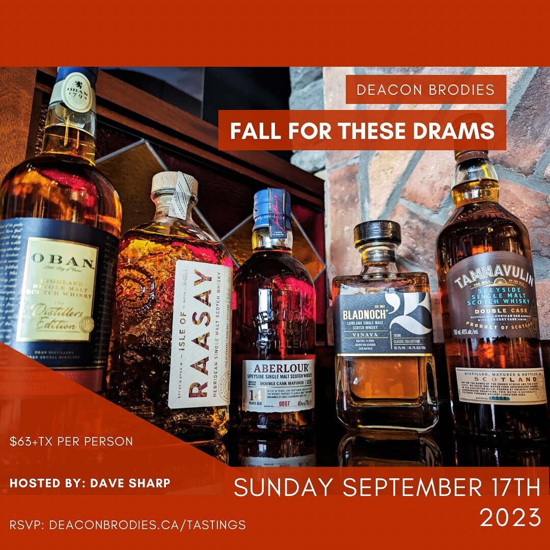 Ready to 🍂 FALL FOR THESE DRAMS? 🍂

It&rsquo;s happening this Sunday. Got your RSVP in yet? There are still a few spaces left for this glorious scotch tasting with FIVE WHISKIES!

🥃 @obanwhisky - Oban Distiller&rsquo;s Edition 
🥃 @raasaydistiller