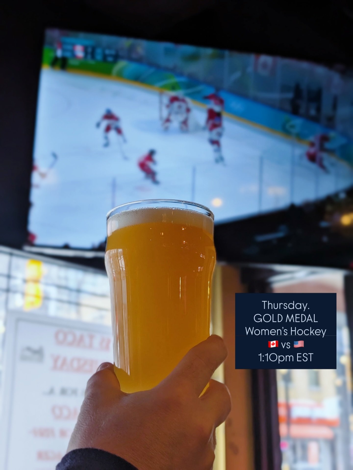 It&rsquo;s GOLD on the line 🇨🇦🥇

Canada vs USA 
Women&rsquo;s Olympic Hockey
Gold Medal Game
🕐 1:10PM EST

If you suddenly develop &ldquo;midday meeting issues&rdquo;&hellip; we understand.

See you at 247 Elgin Street for $7 pints &amp; loud che