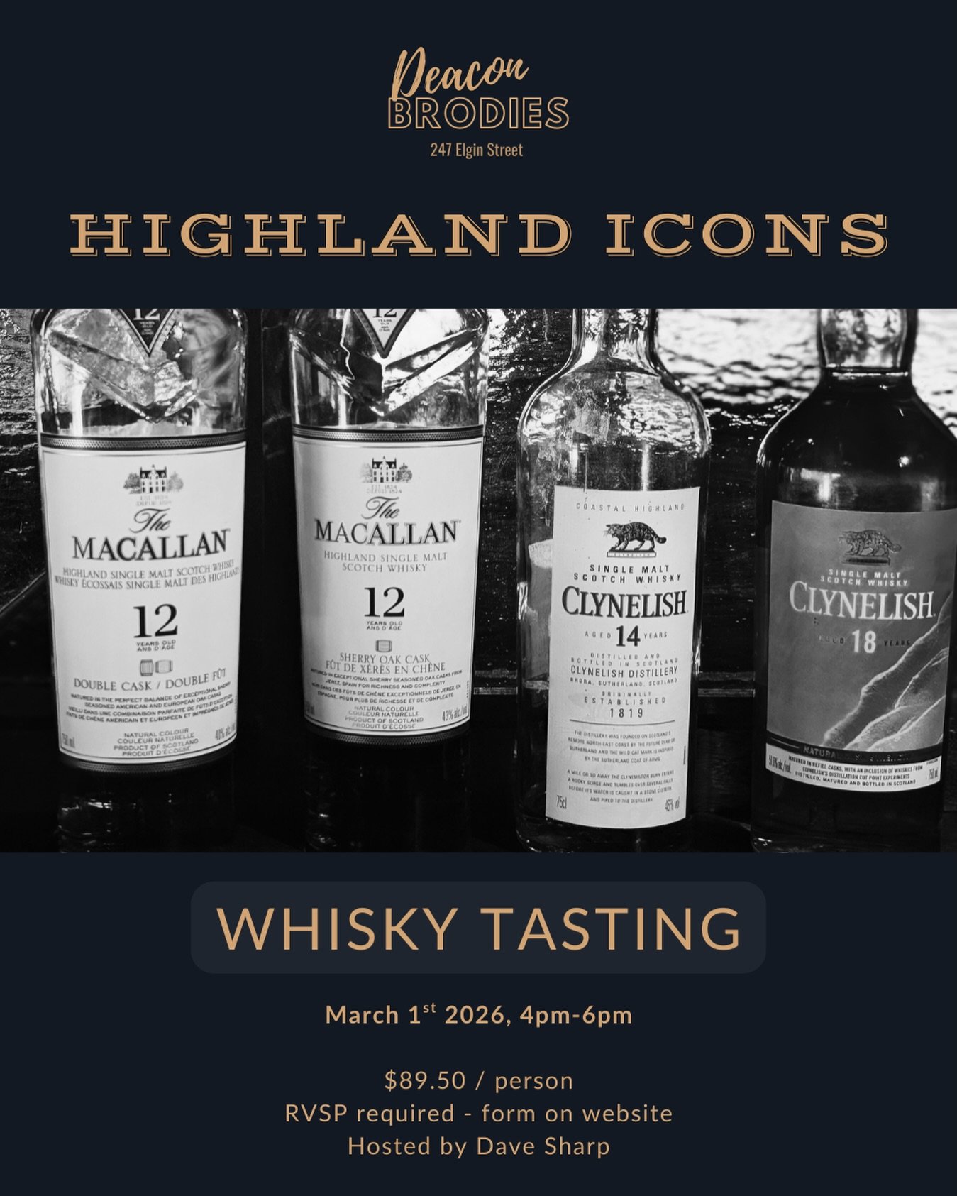 We&rsquo;re down to the final 20 seats for Sunday&rsquo;s Highland Icons scotch tasting.

If you were on the fence, this is probably the time.

The Macallan 12 Double Cask
The Macallan 12 Sherry Oak
Clynelish 14
Clynelish 18 - Waxen Sun Special Relea
