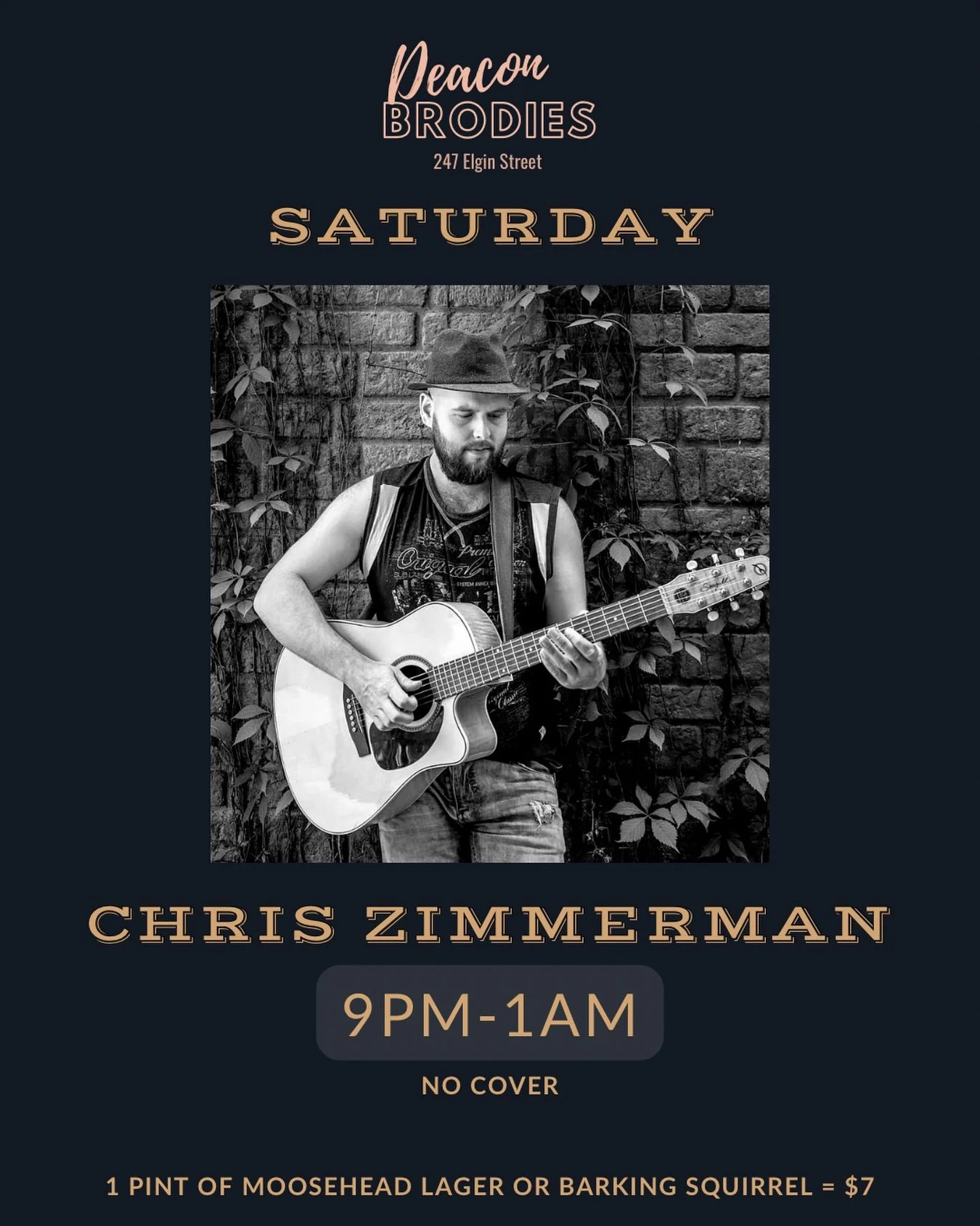Your Saturday night plans just arrived. 🎸

Chris Zimmerman is live TONIGHT at Deacon Brodies: 9PM to 1AM, no cover, and $7 pints of Moosehead or Barking Squirrel all night. Come as you are.

📍 247 Elgin St, Deacon Brodies
#LiveMusicOttawa #DeaconsP